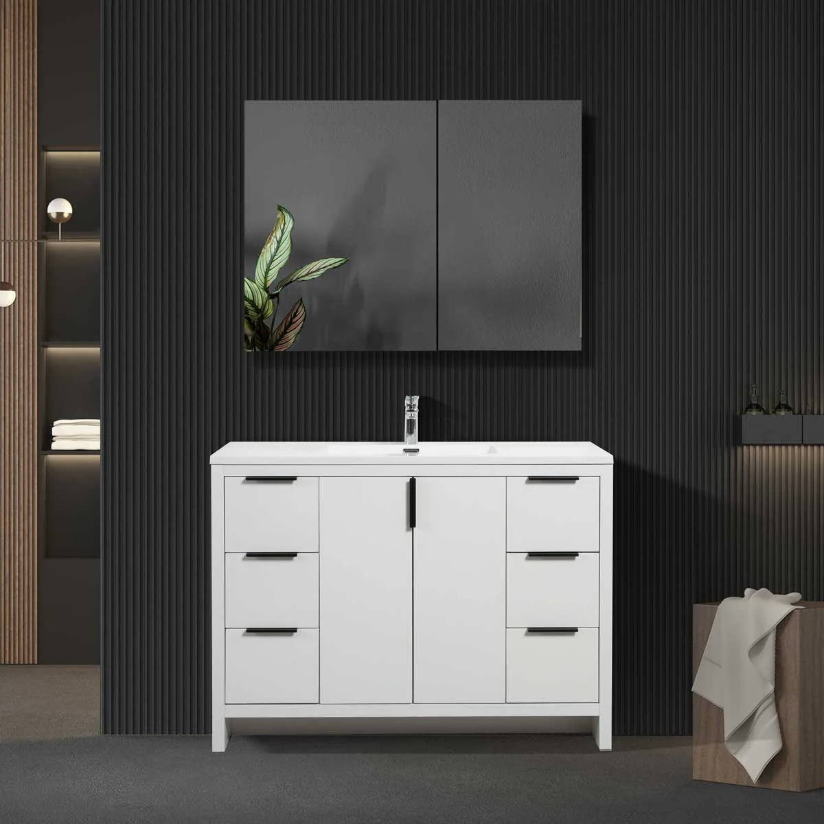 48" W Freestanding Single Bathroom Vanity in White Gloss with Quartz Integrated Sink LV14-48W