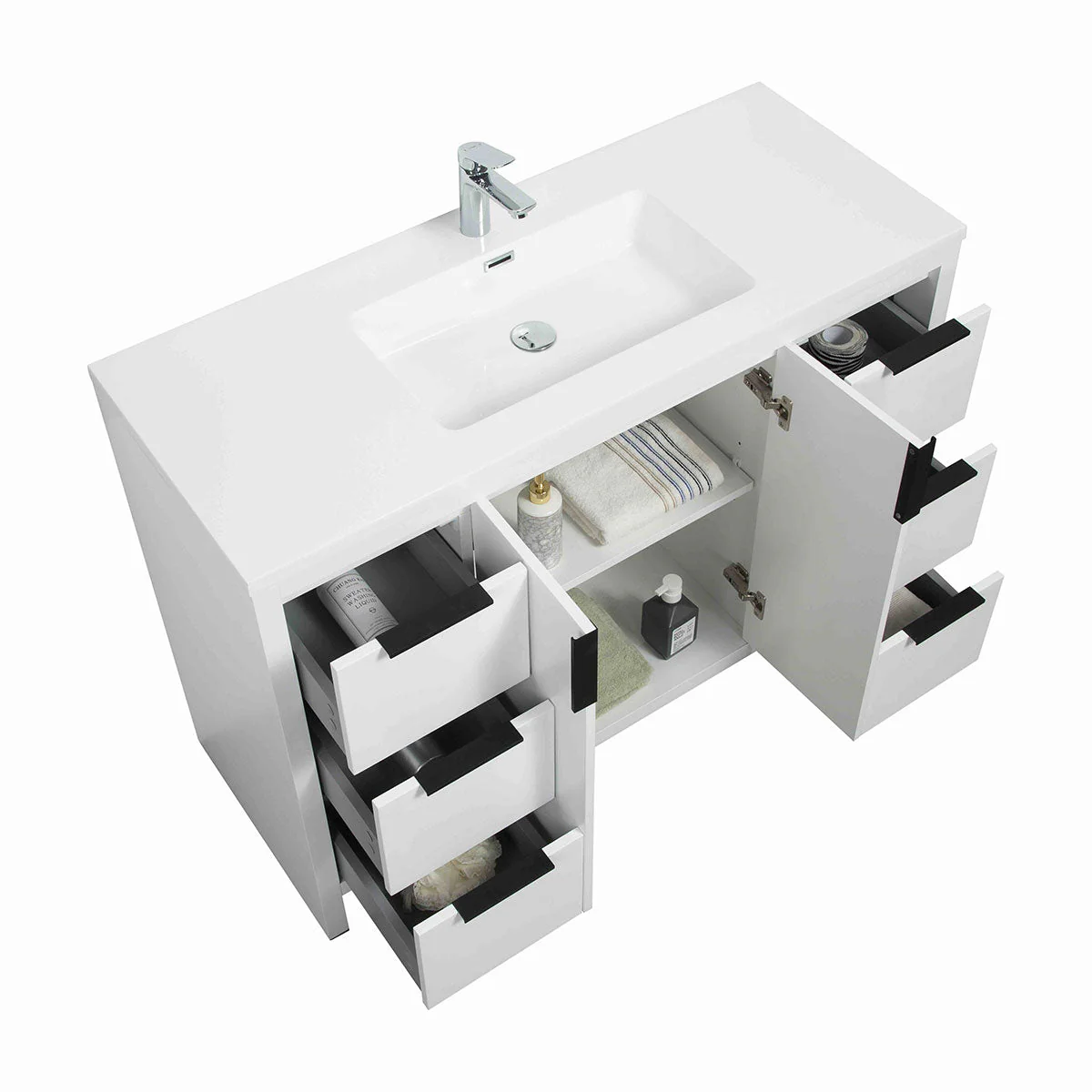 48" W Freestanding Single Bathroom Vanity in White Gloss with Quartz Integrated Sink LV14-48W - Image 2