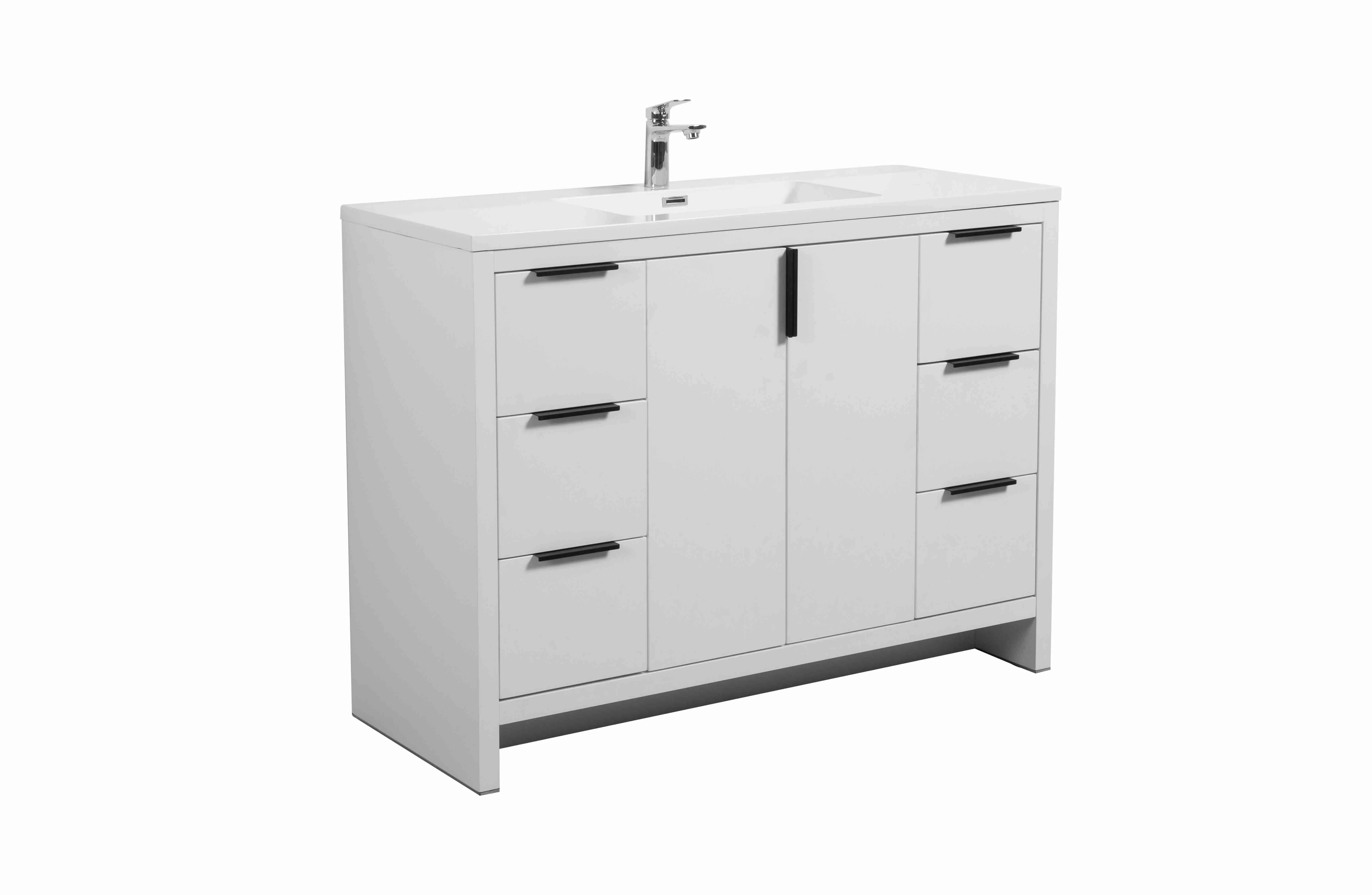 48" W Freestanding Single Bathroom Vanity in White Gloss with Quartz Integrated Sink LV14-48W - Image 3