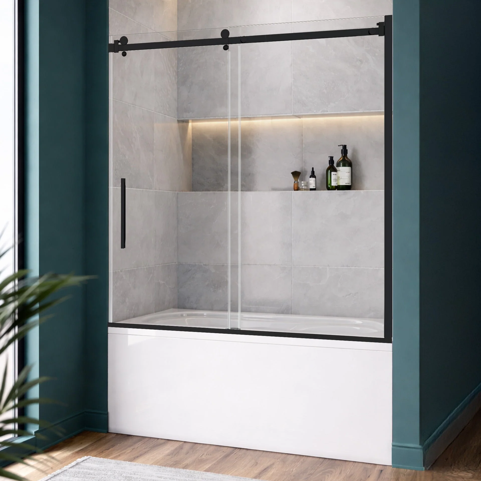 56-60 W x 62 H  Sliding Bathtub Semi-Frameless Door ULTRA-B with Clear Glass in Matte Black - Image 2