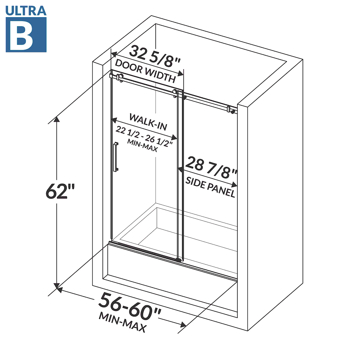56-60 W x 62 H  Sliding Bathtub Semi-Frameless Door ULTRA-B with Clear Glass in Matte Black - Image 3