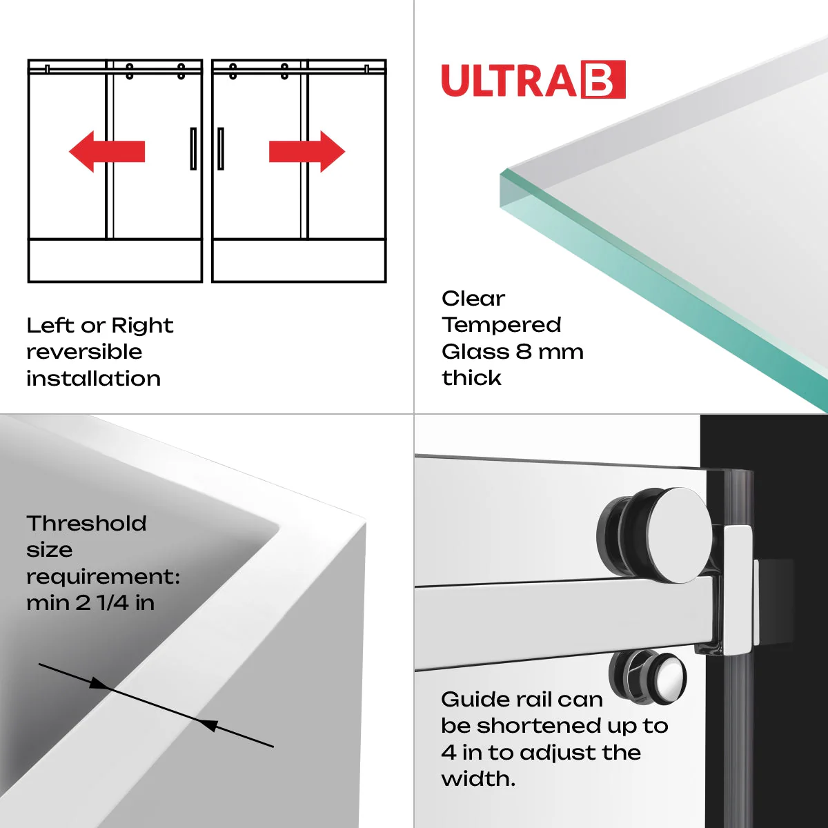 56-60 W x 62 H  Sliding Bathtub Semi-Frameless Door ULTRA-B with Clear Glass in Matte Black - Image 5