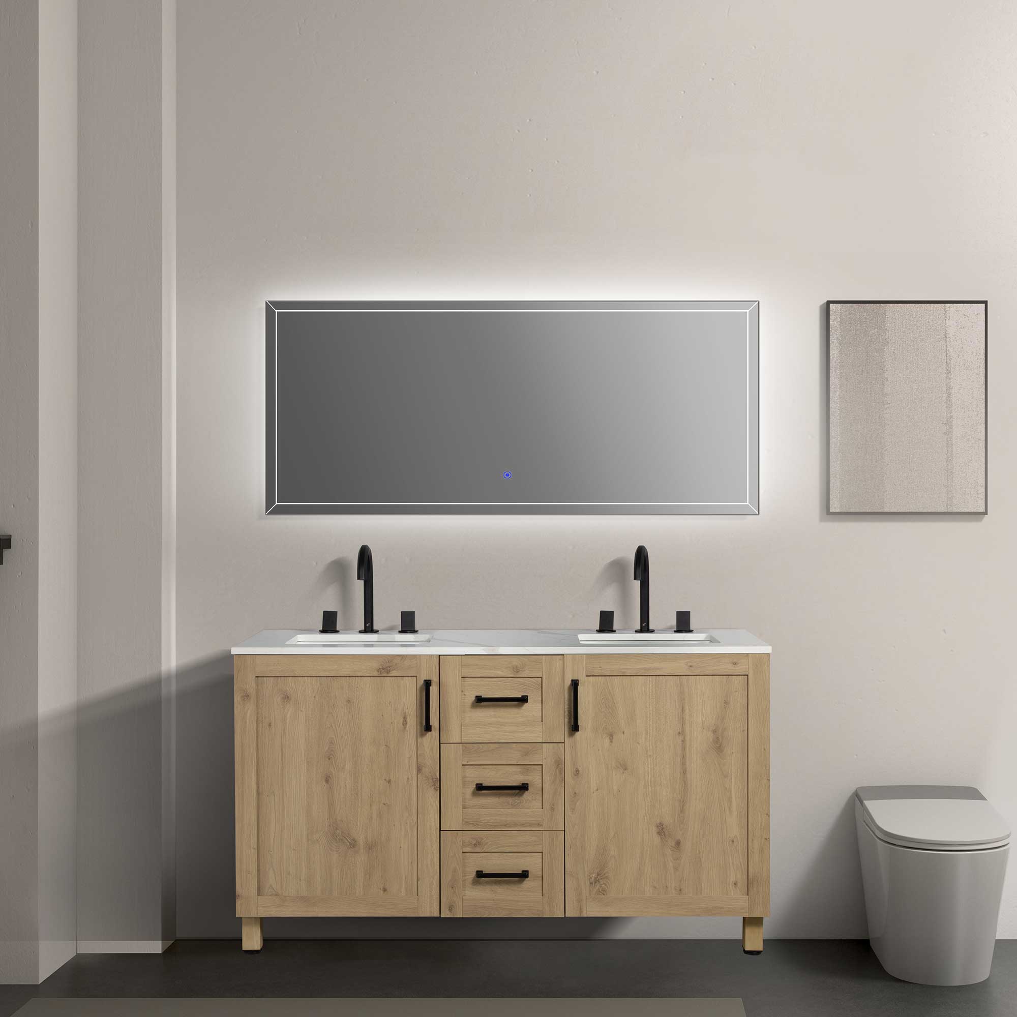 60" Freestanding Double Bathroom Vanity in Oak with Quartz Stone Countertop
