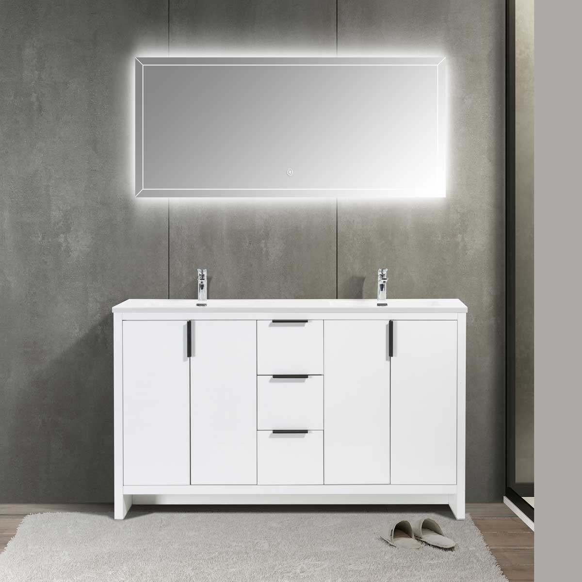 60" W Freestanding Double Bathroom Vanity in White Gloss with Quartz Integrated Sink LV14-60W