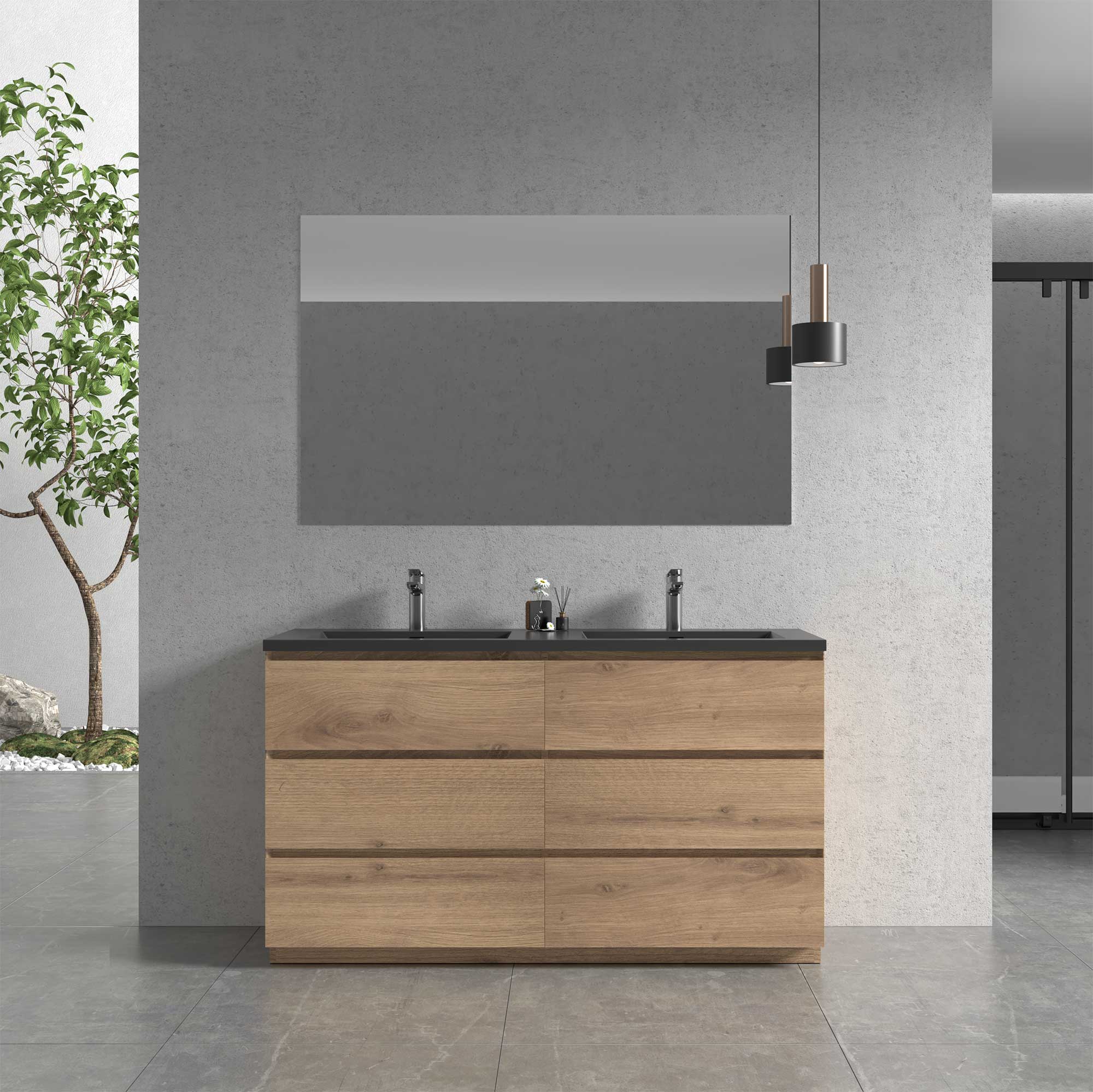 60" Freestanding Double Bathroom Vanity in Oak with Black Quartz Integrated Sink