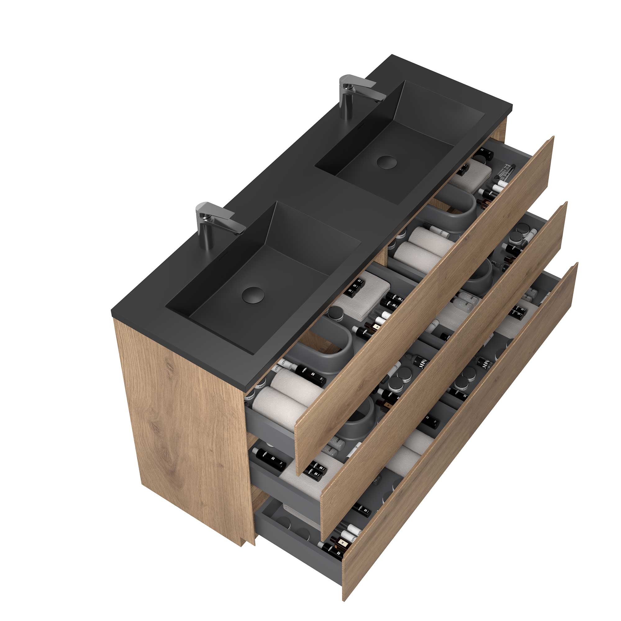 60" Freestanding Double Bathroom Vanity in Oak with Black Quartz Integrated Sink - Image 2