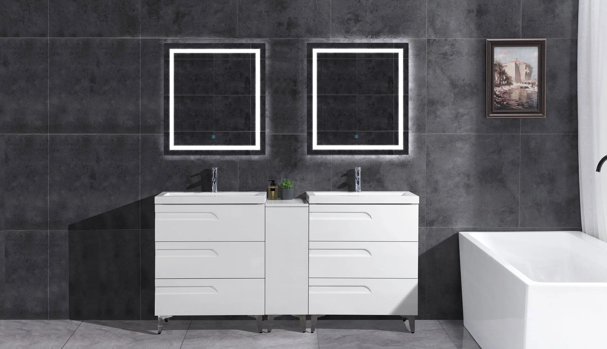 72" Freestanding Vanity Set in White Gloss with Two Square Sinks (LV7-C14B-72W) Style 7