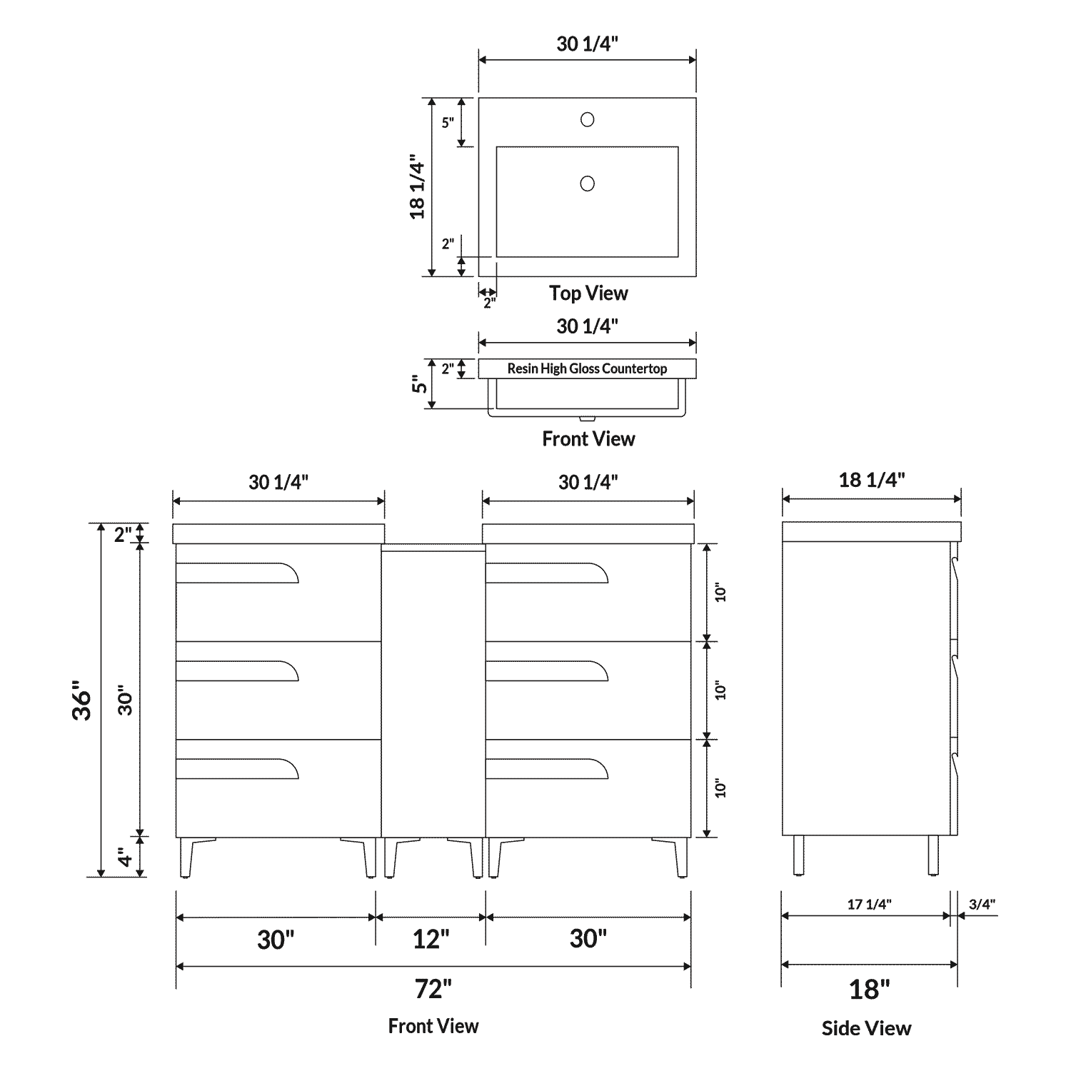 72" Freestanding Vanity Set in White Gloss with Two Square Sinks (LV7-C14B-72W) Style 7 - Image 3