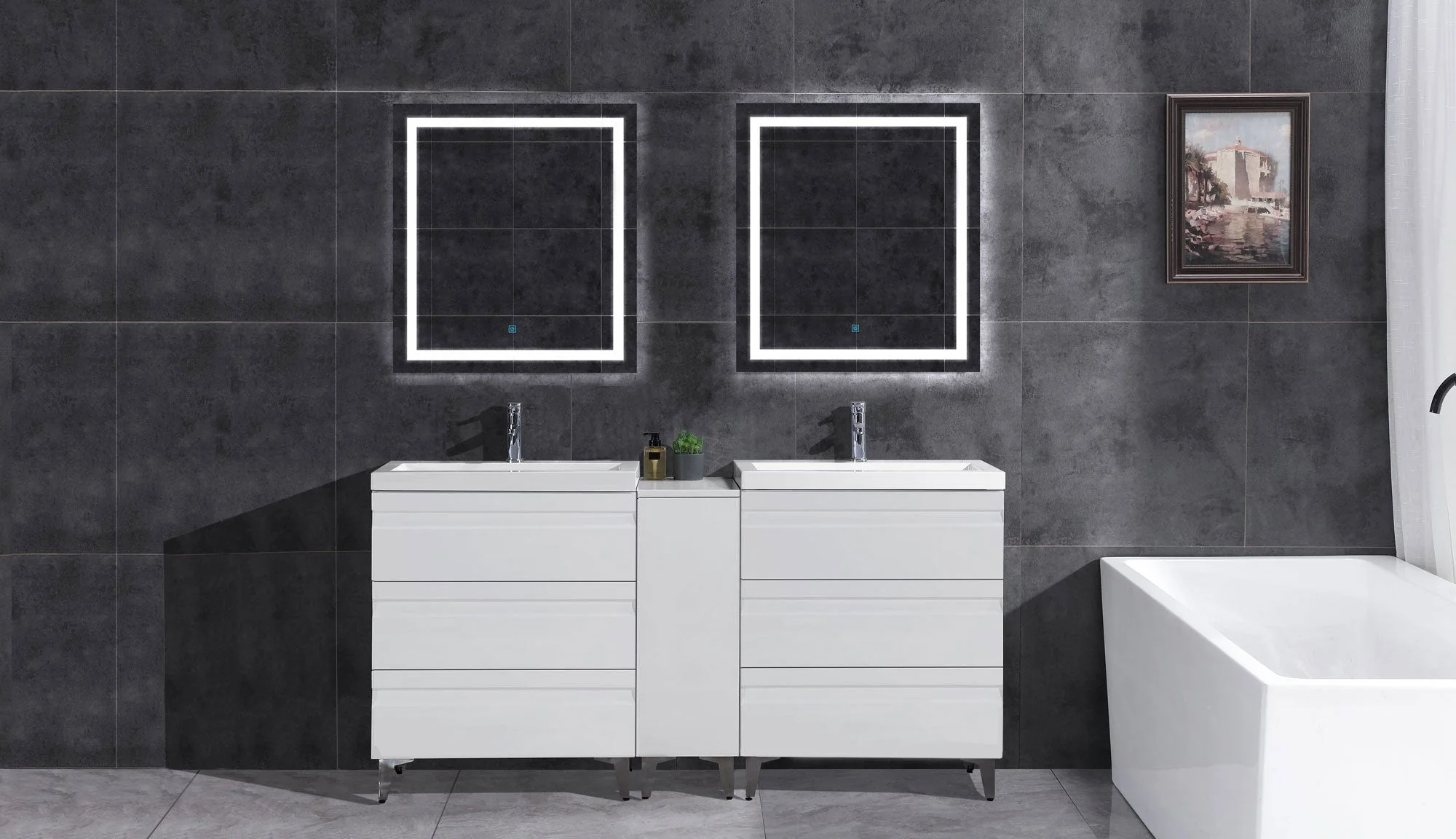 72" Freestanding Vanity Set in White Gloss with Two Square Sinks (LV8-C14B-72W) Style 8