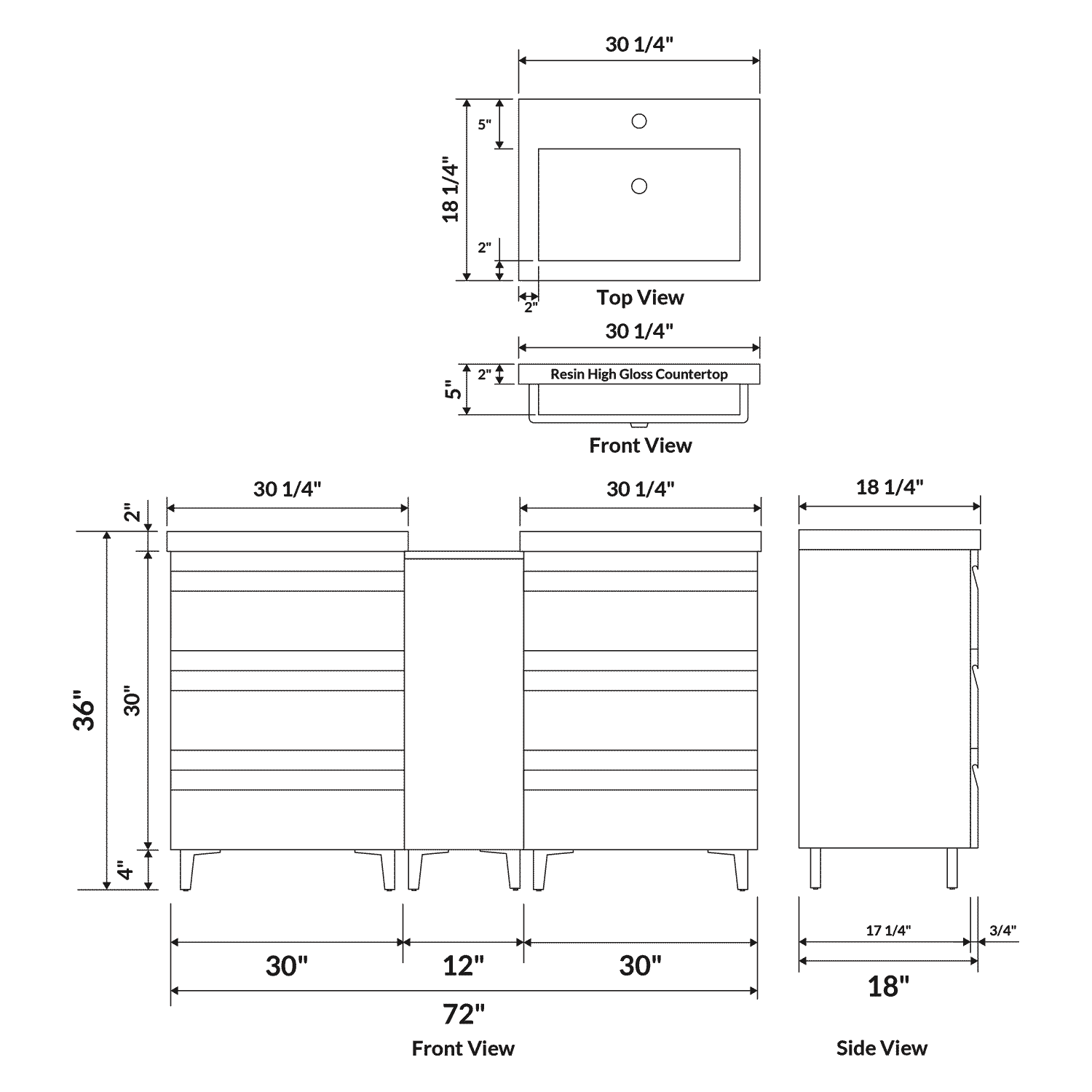72" Freestanding Vanity Set in White Gloss with Two Square Sinks (LV8-C14B-72W) Style 8 - Image 3