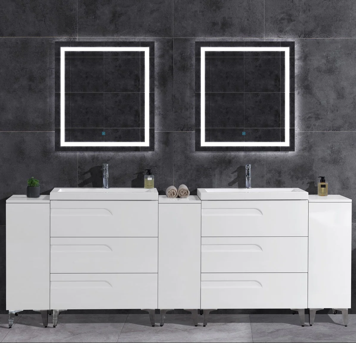 96" Freestanding Vanity Set in White Gloss with Two Square Sinks (LV7-C20B-96W) Style 7