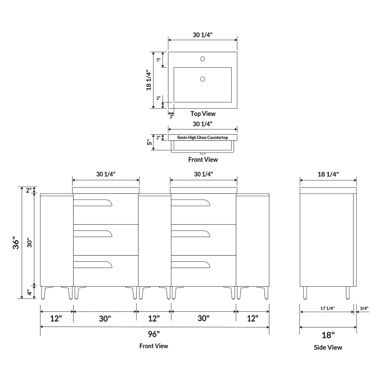96" Freestanding Vanity Set in White Gloss with Two Square Sinks (LV7-C20B-96W) Style 7 - Image 3
