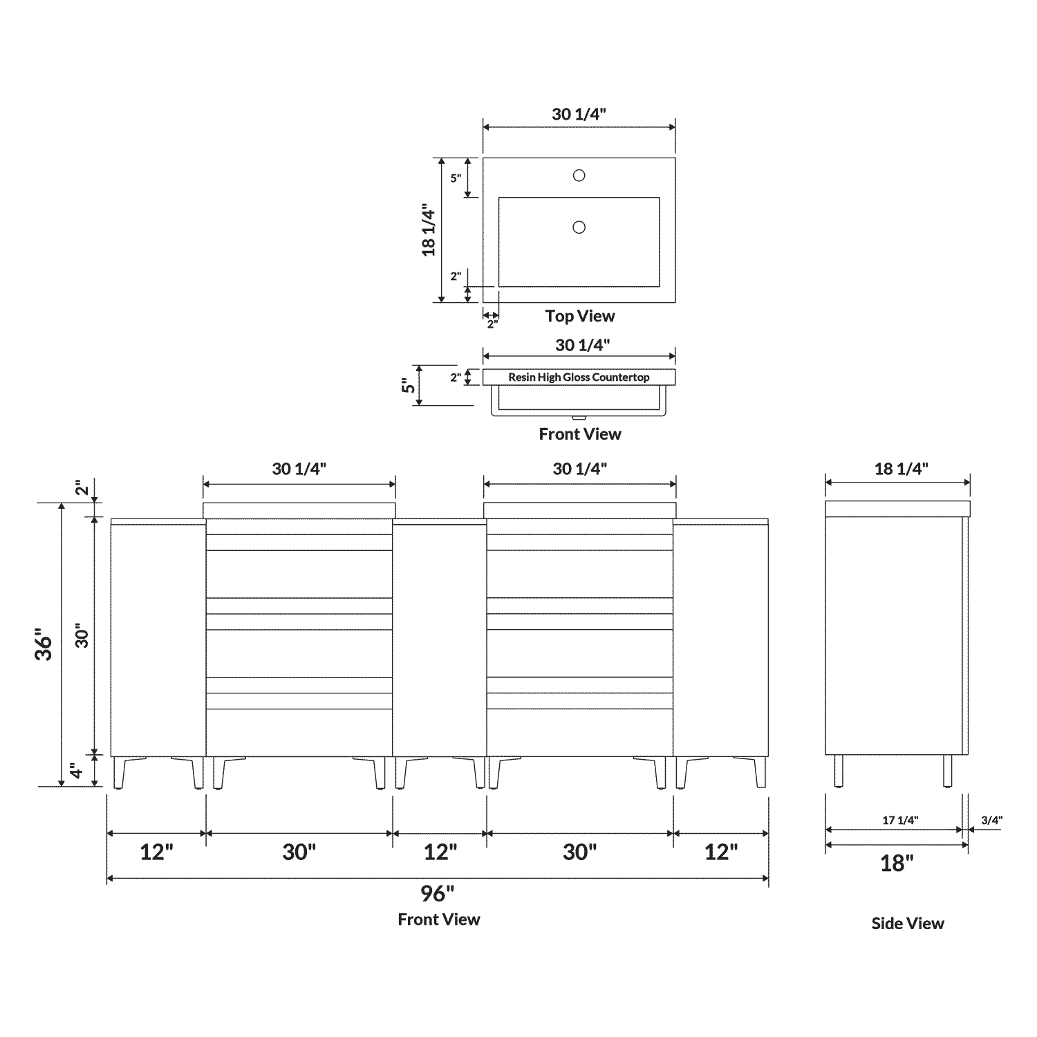 96" W Freestanding White Vanity Set with Two Sinks (LV8-C20B-96W) Style 8 - Image 3