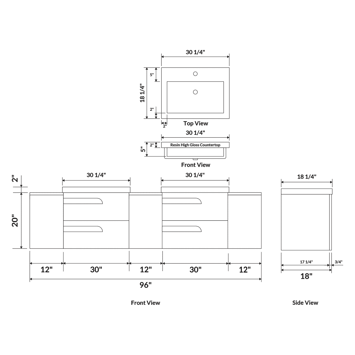 96" Freestanding Vanity Set in White Gloss with Two Square Sinks (LV7-C20W-96W) Style 7 - Image 3