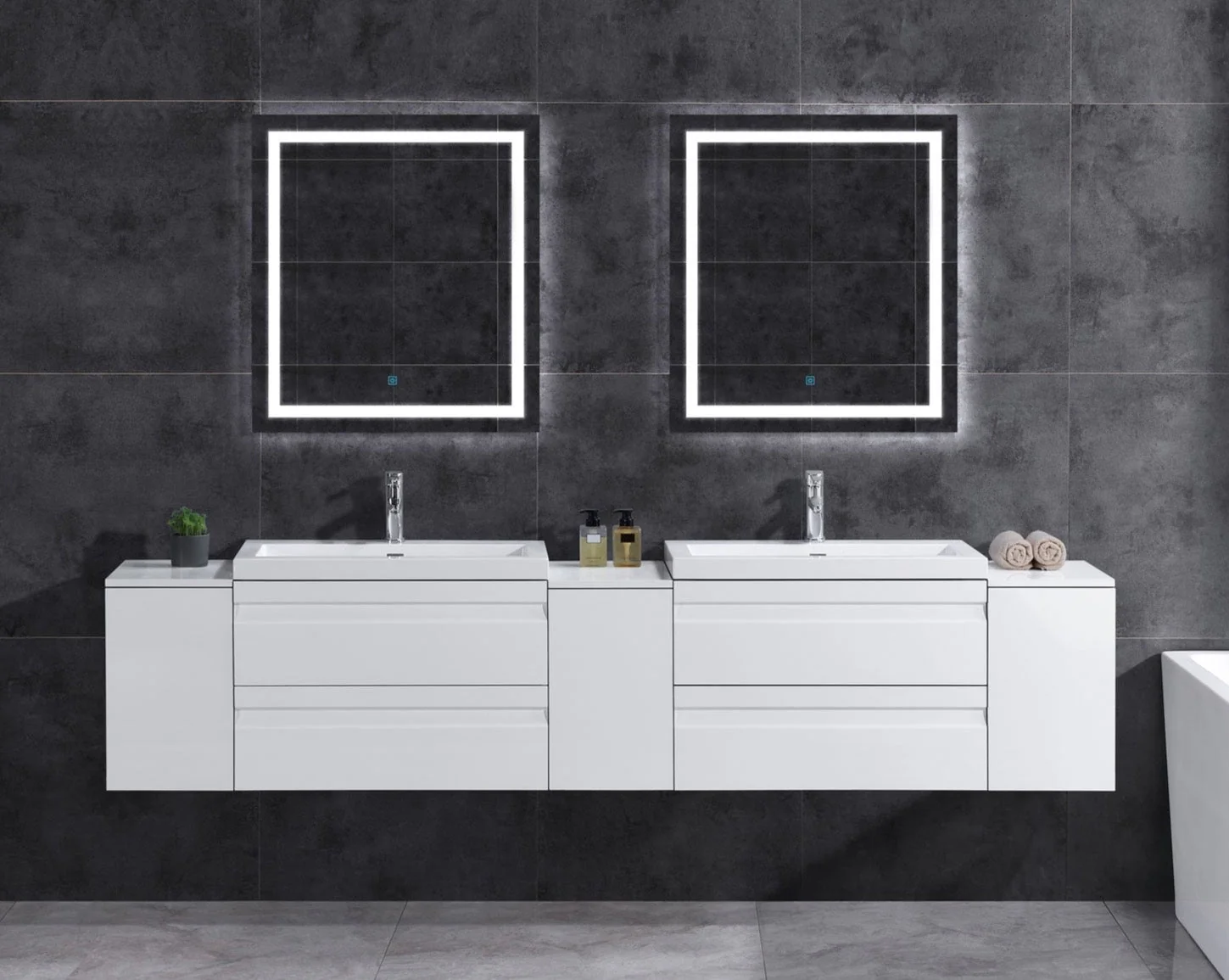 96" W Wall-Mount White Vanity Set with Two Sinks (LV8-C20W-96W) Style 8