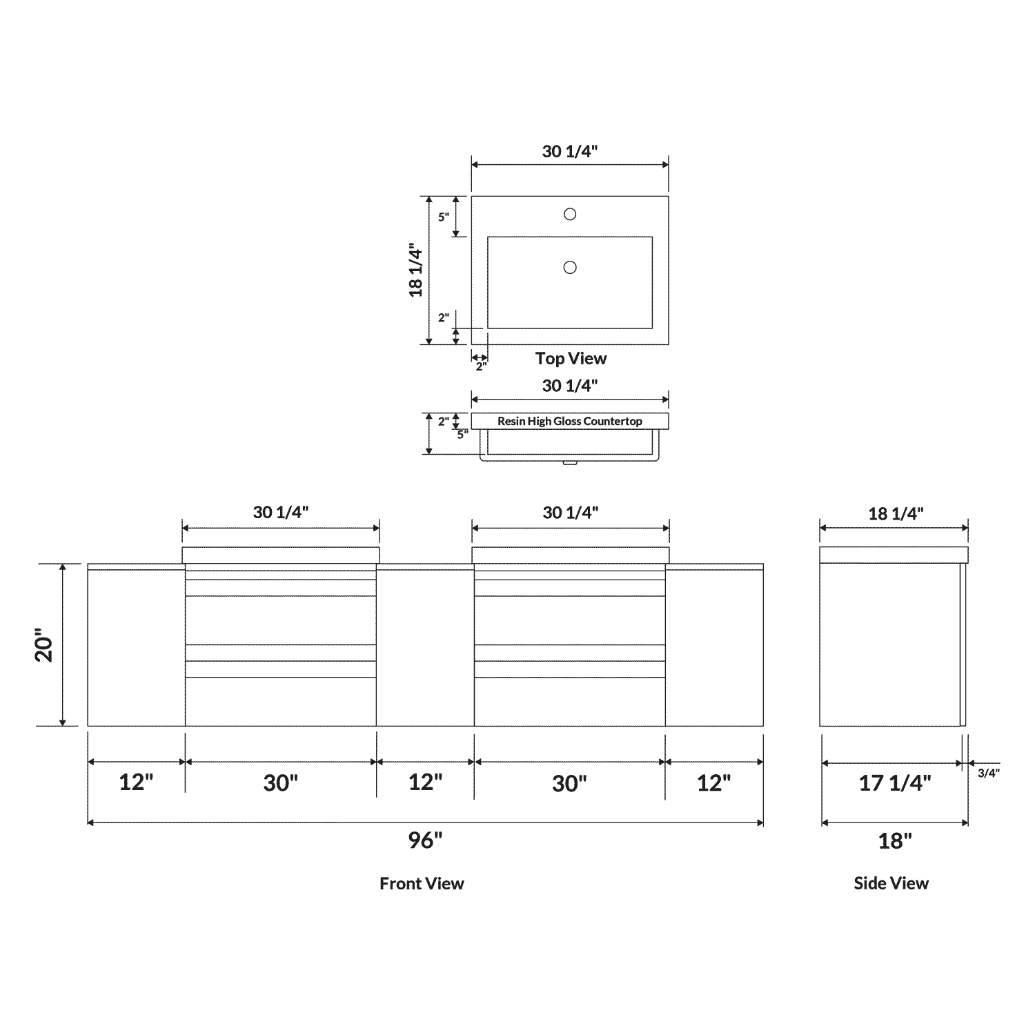 96" W Wall-Mount White Vanity Set with Two Sinks (LV8-C20W-96W) Style 8 - Image 3
