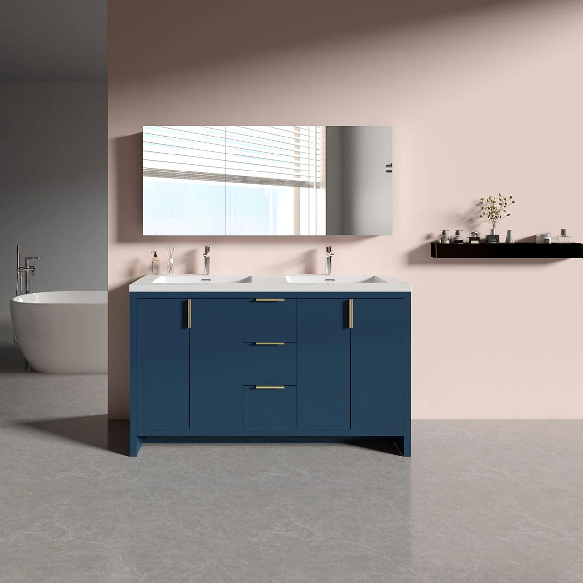 60" W Freestanding Double Bathroom Vanity in Blue with White Quartz Integrated Sink LV14-60B