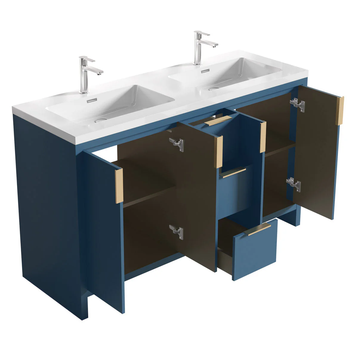 60" W Freestanding Double Bathroom Vanity in Blue with White Quartz Integrated Sink LV14-60B - Image 2
