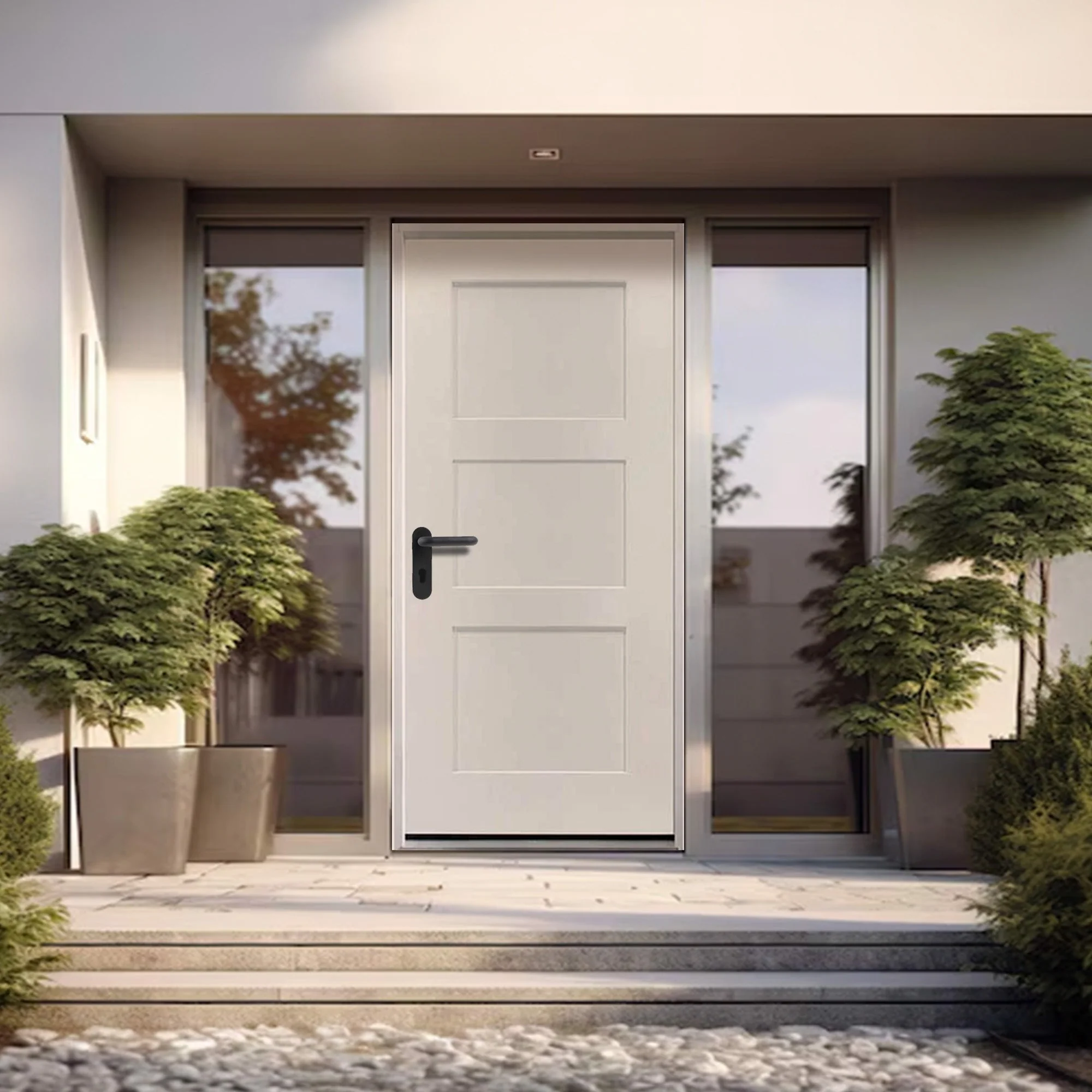 36 in. x 80 in. 3 Panel Fire Rated Unfinished White Prehung Fiberglass Exterior Door with Brickmold - Image 2