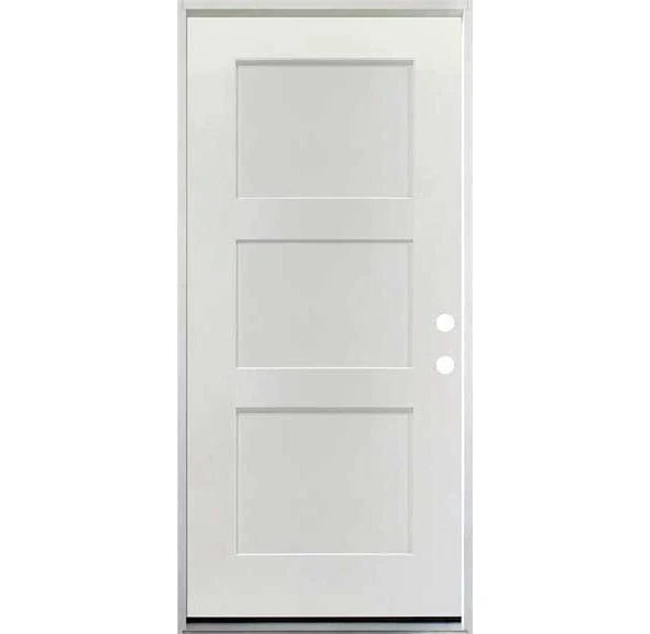 36 in. x 80 in. 3 Panel Fire Rated Unfinished White Prehung Fiberglass Exterior Door with Brickmold - Image 3