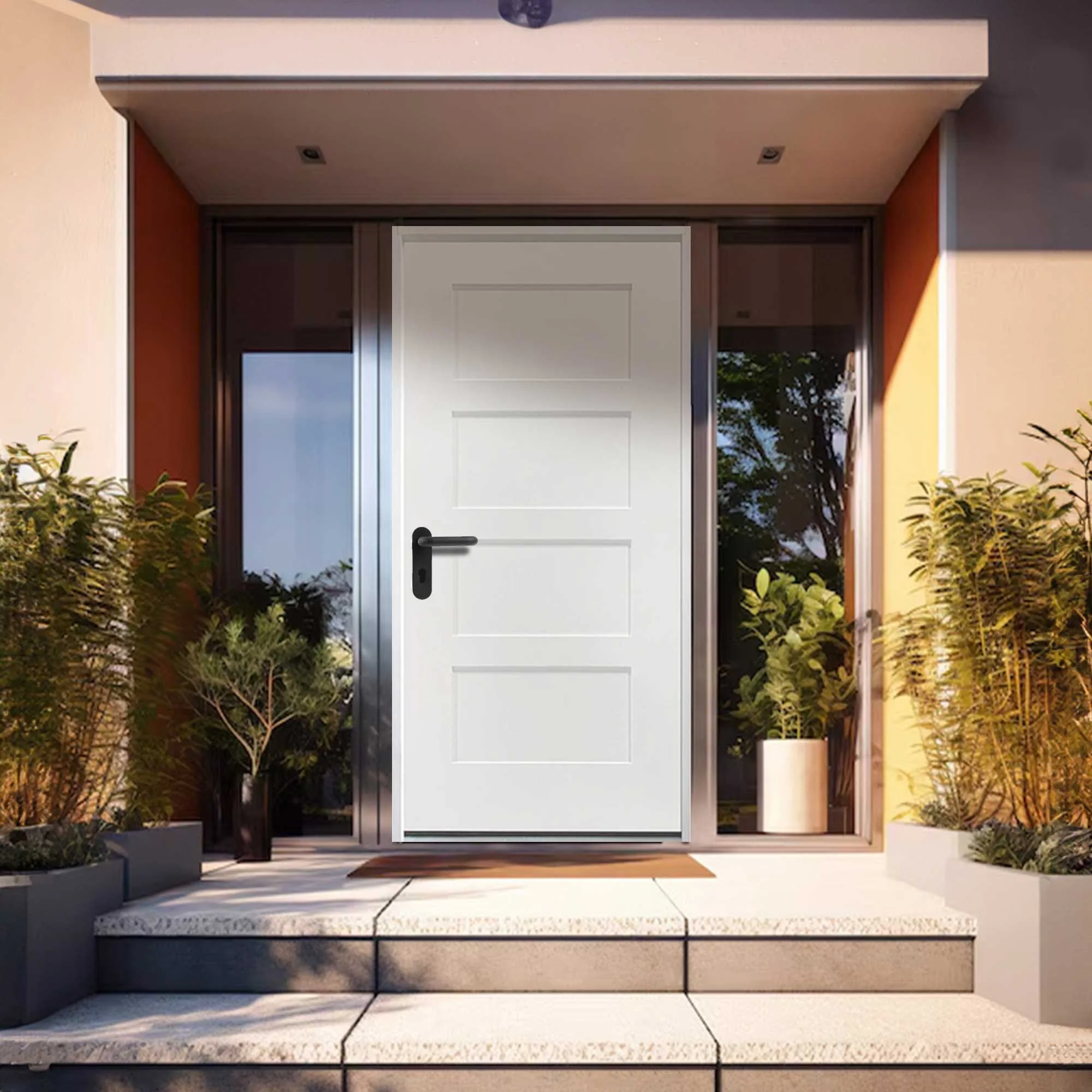 36 in. x 80 in. 4 Panel Fire Rated Unfinished White Prehung Fiberglass Exterior Door with Brickmold - Image 2