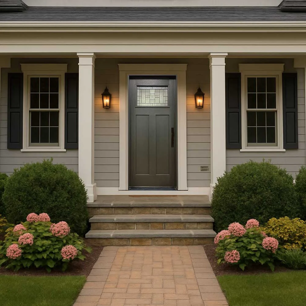 Hometown 36 in. x 80 in. 1/4 Lite Decorative Glass Painted Gray Prehung Fiberglass Exterior Door with Brickmold - Image 3
