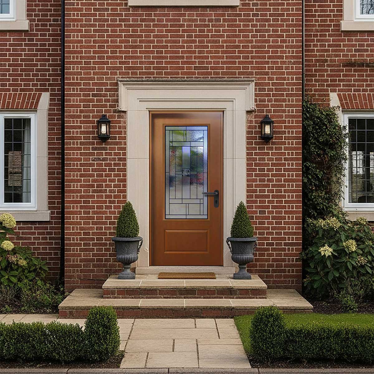 Hometown 36 in. x 80 in. 3/4 Lite Decorative Glass Stained Light Brown Prehung Fiberglass Exterior Door with Brickmold - Image 3