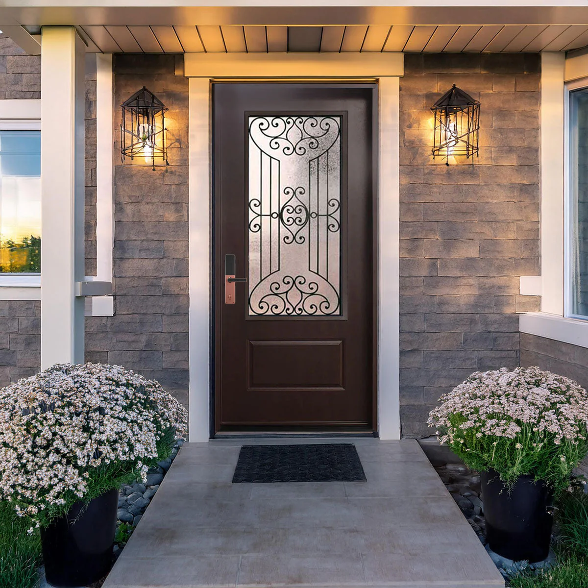 Jupiter 36 in. x 80 in. 3/4 Lite Decorative Glass Stained Dark Walnut Prehung Fiberglass Exterior Door with Brickmold - Image 2
