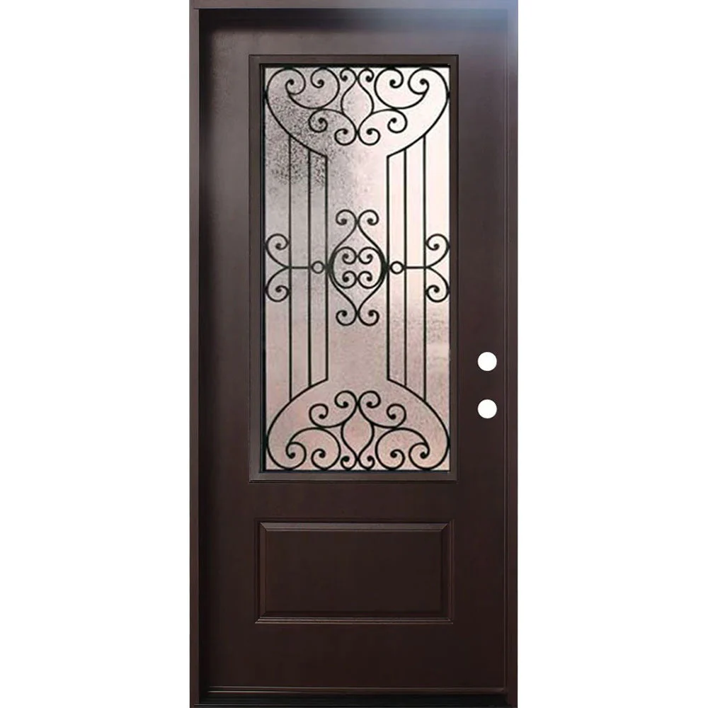 Jupiter 36 in. x 80 in. 3/4 Lite Decorative Glass Stained Dark Walnut Prehung Fiberglass Exterior Door with Brickmold - Image 3