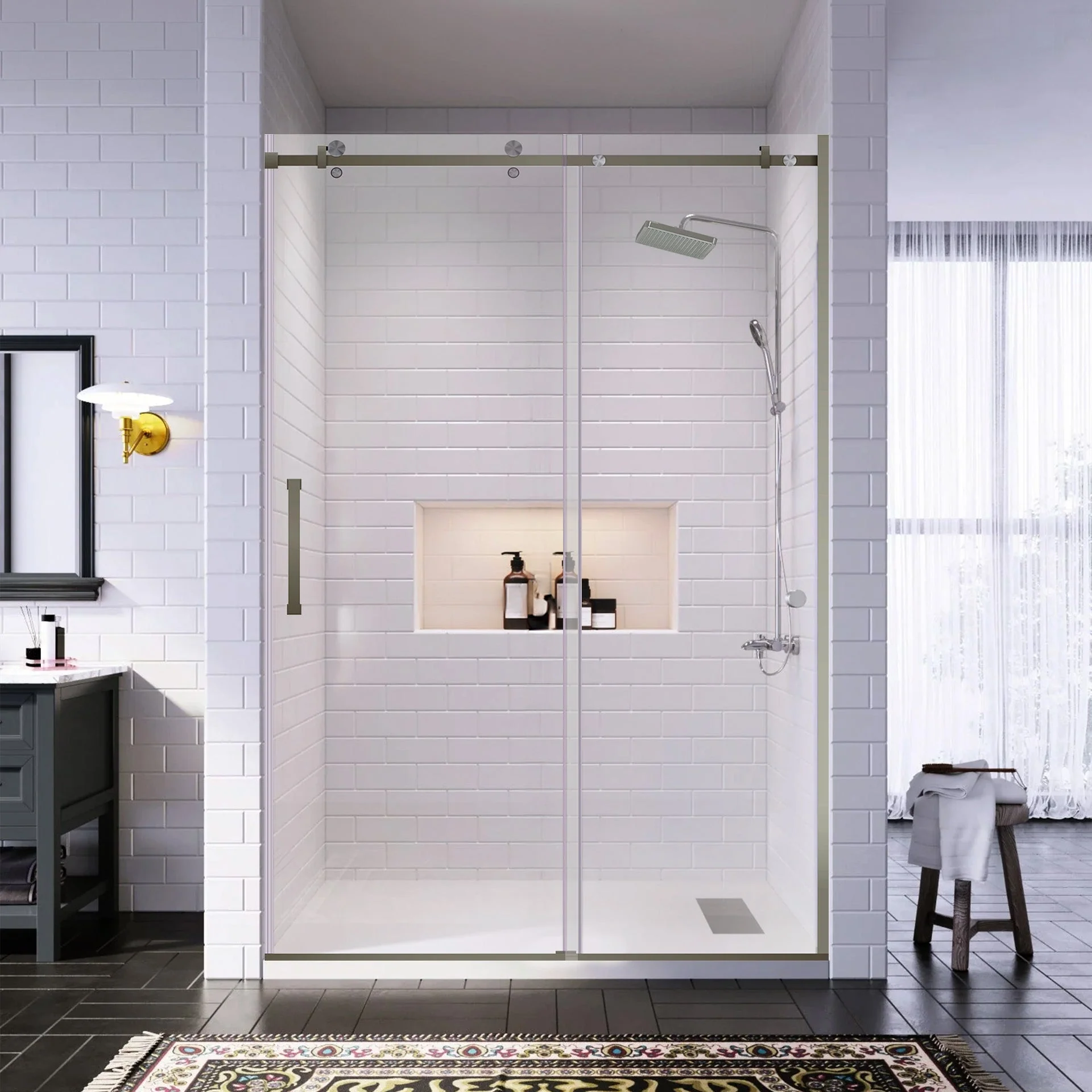 44-48 W x 76 H  Sliding Shower Semi-Frameless Door ULTRA-B with Clear Glass in Brushed Nickel - Image 2
