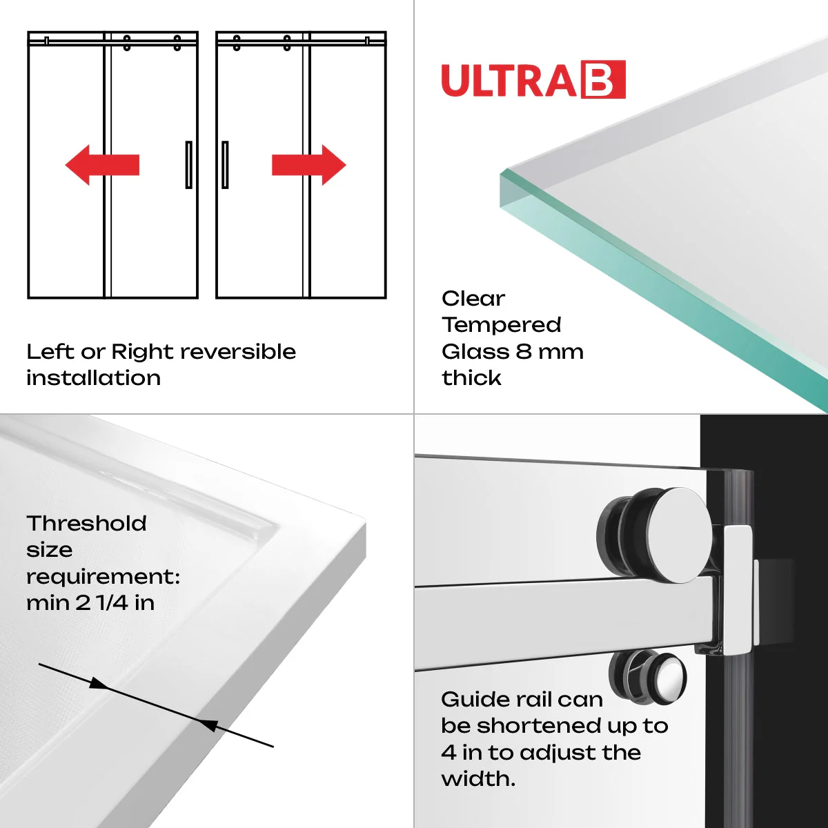 44-48 W x 76 H  Sliding Shower Semi-Frameless Door ULTRA-B with Clear Glass in Brushed Nickel - Image 6