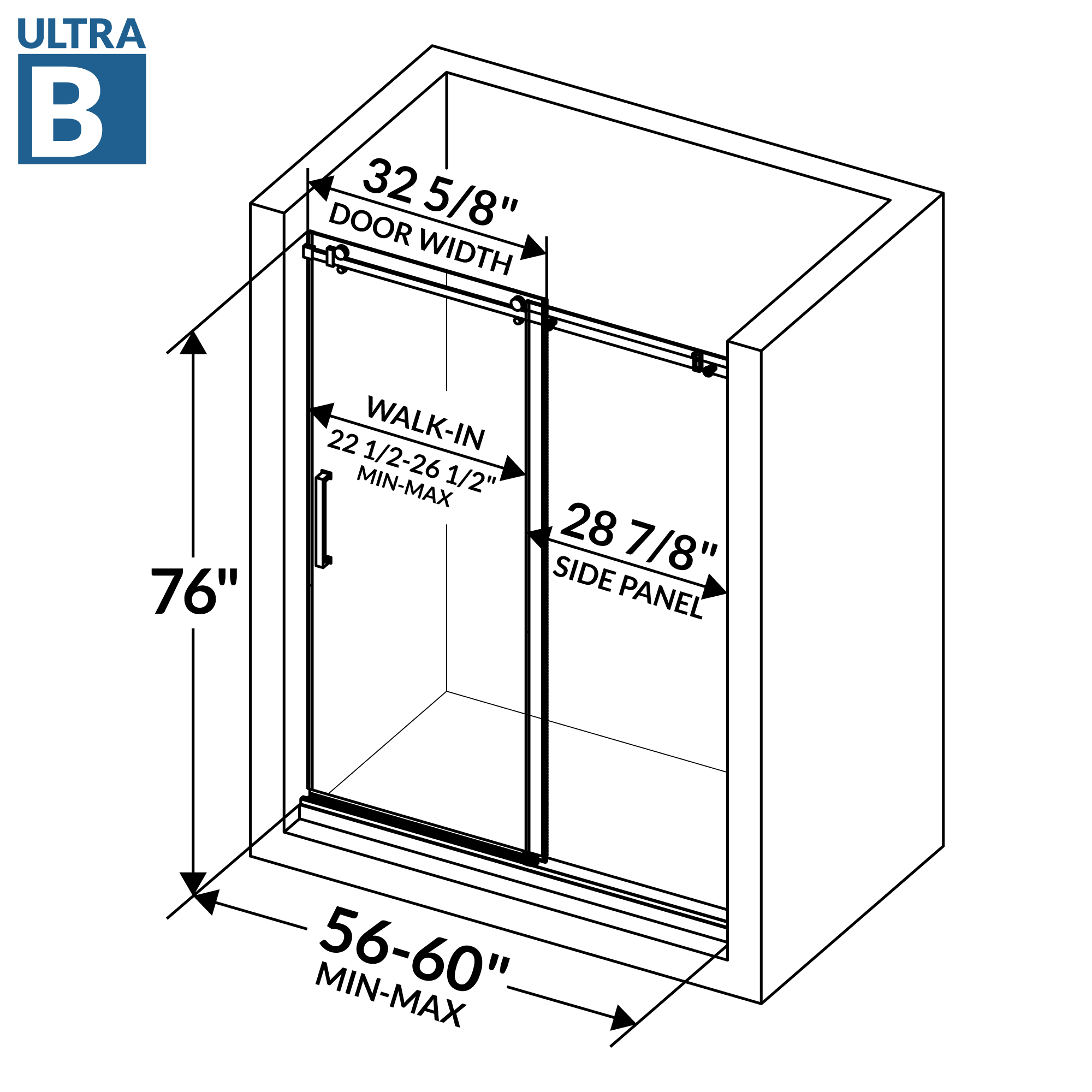 56-60 W x 76 H Sliding Shower Semi-Frameless Door ULTRA-B with Clear Glass in Brushed Nickel - Image 6