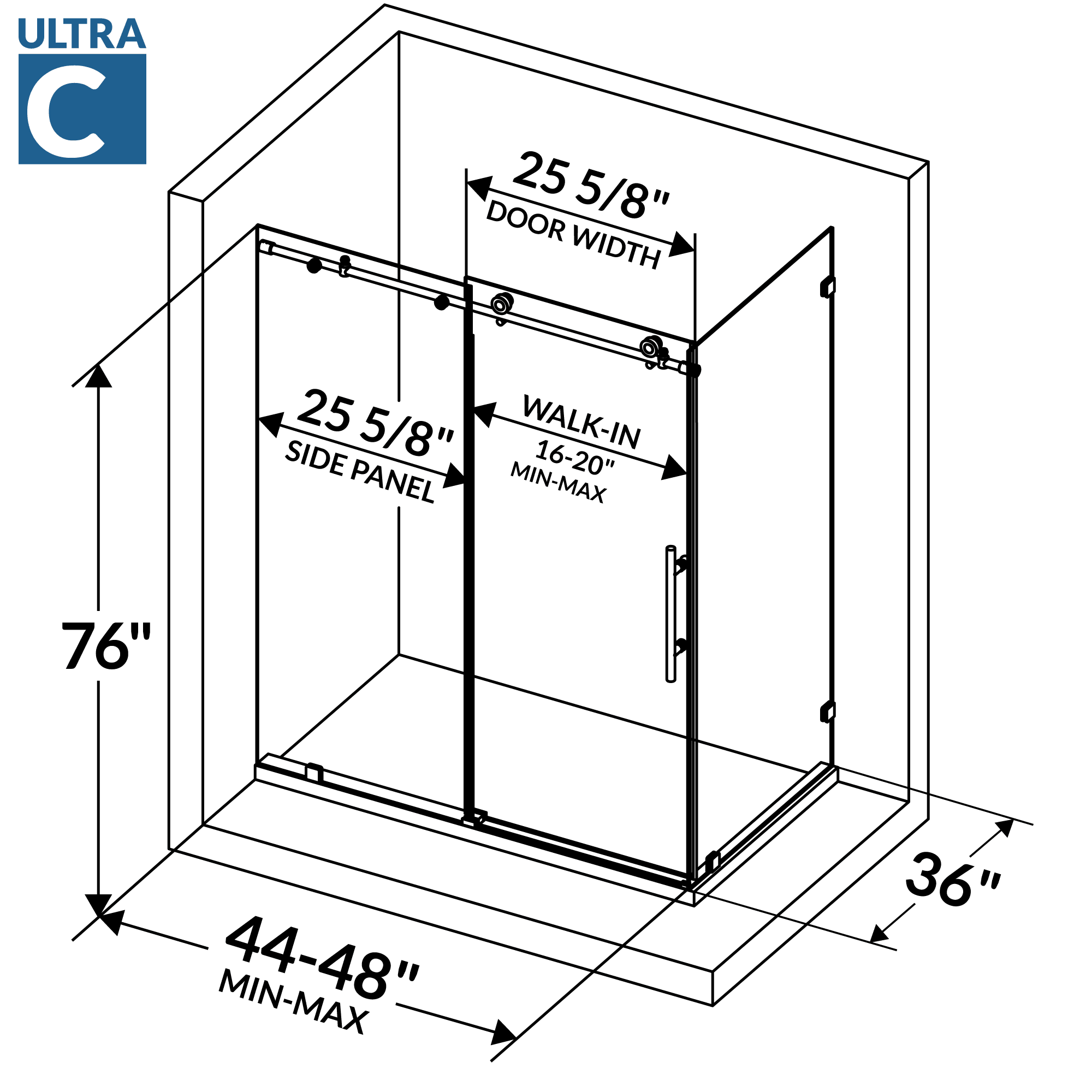 44-48 W x 76 H  x 36 D Sliding Frameless Shower Enclosure ULTRA-C with Clear Glass in Brushed Nickel - Image 4