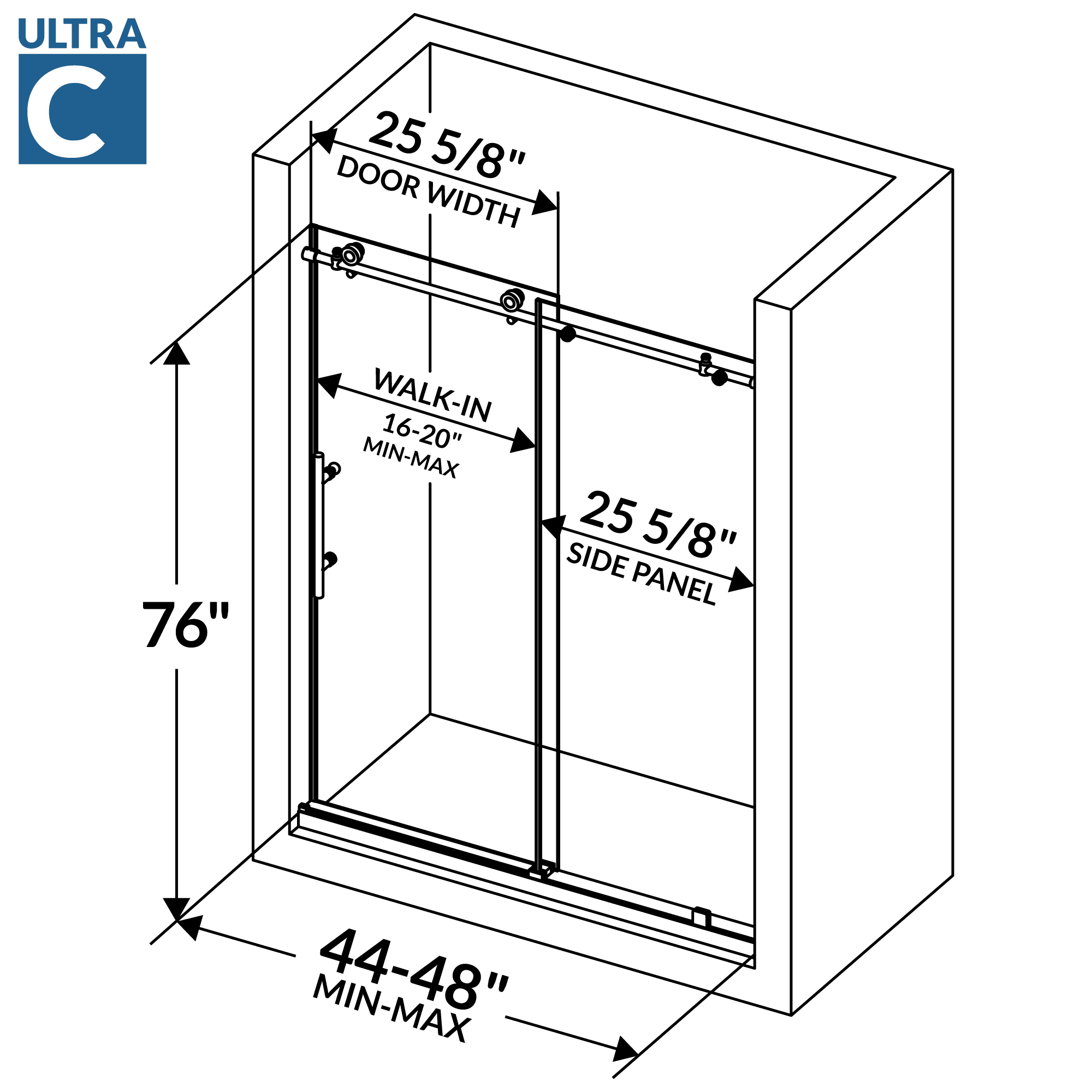 44-48 W x 76 H Sliding Frameless Shower Door ULTRA-C with Clear Glass in Chrome - Image 5