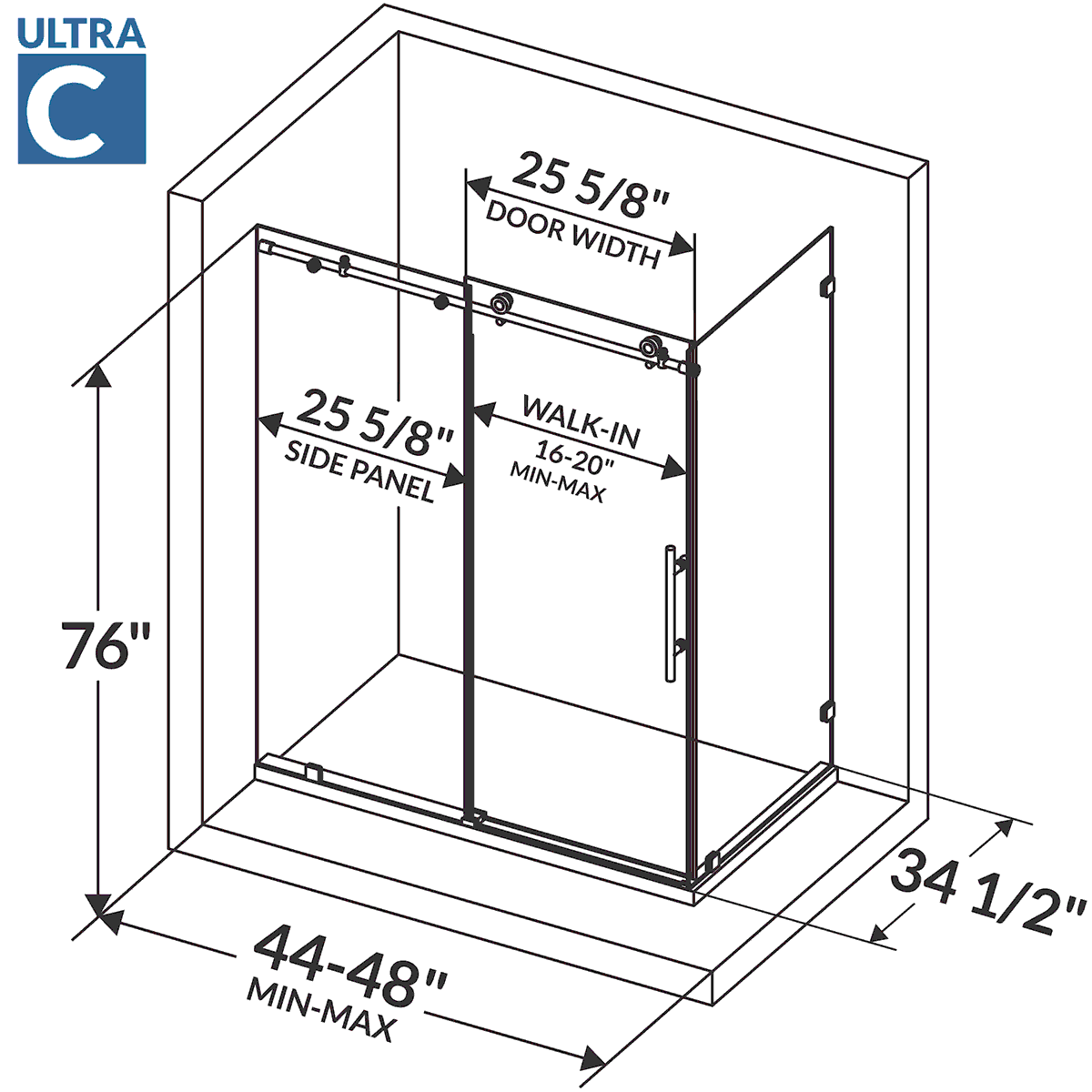 44-48 W x 76 H  x 34 1/2 D Sliding Frameless Shower Enclosure ULTRA-C with Clear Glass in Chrome - Image 5