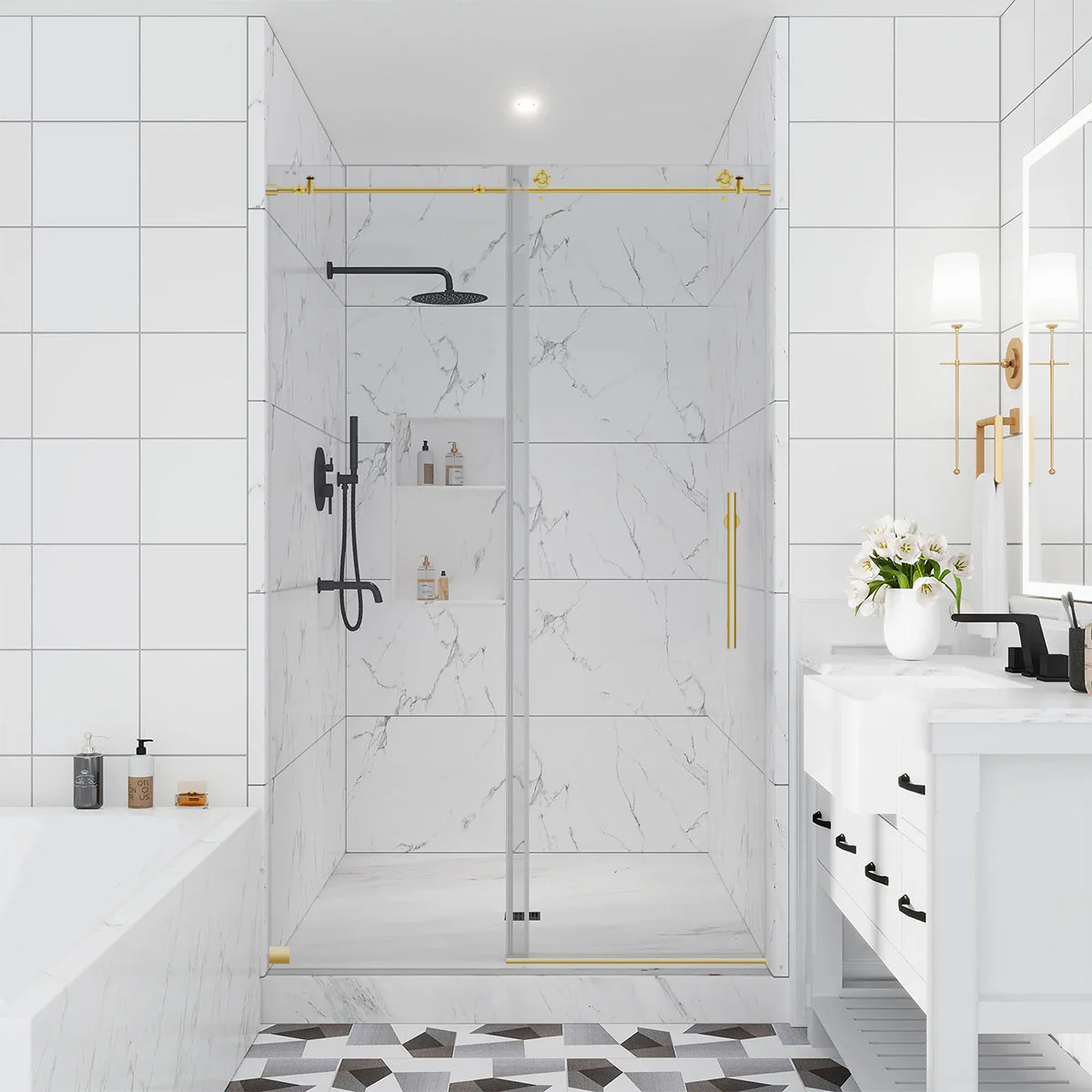 44-48 W x 76 H  Sliding Frameless Shower Door ULTRA-C with Clear Glass in Gold - Image 2