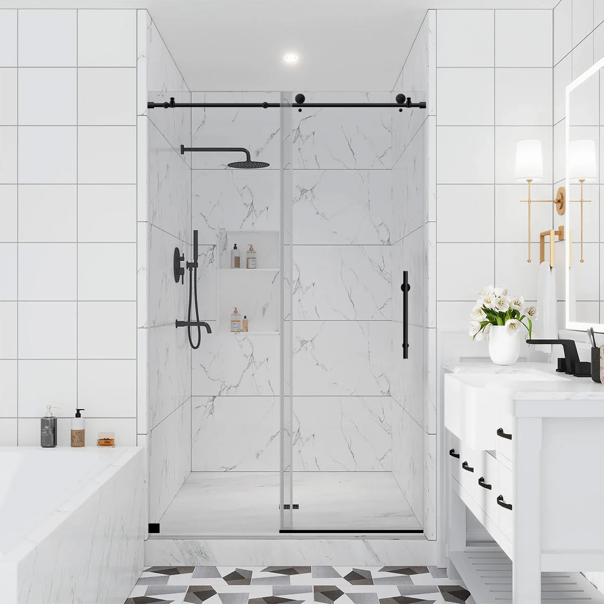 44-48 W x 76 H  Sliding Frameless Shower Door ULTRA-C with Clear Glass in Matte Black - Image 2