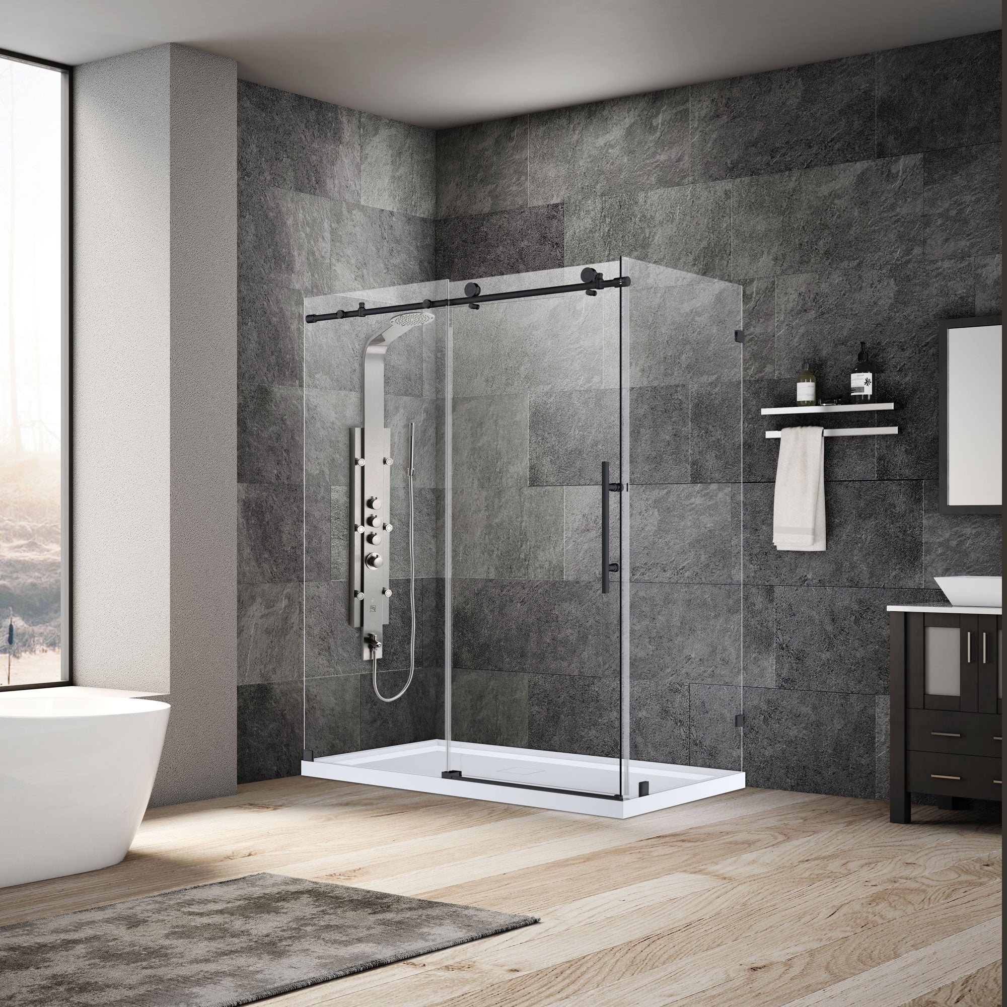 44-48 W x 76 H x 34 1/2 D Sliding Frameless Shower Enclosure ULTRA-C with Clear Glass in Matte Black - Image 4