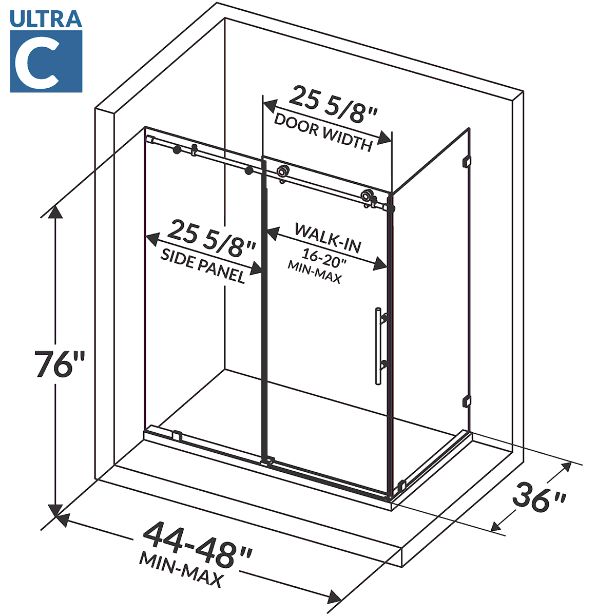 44-48 W x 76 H  x 36 D Sliding Frameless Shower Enclosure ULTRA-C with Clear Glass in Matte Black - Image 9