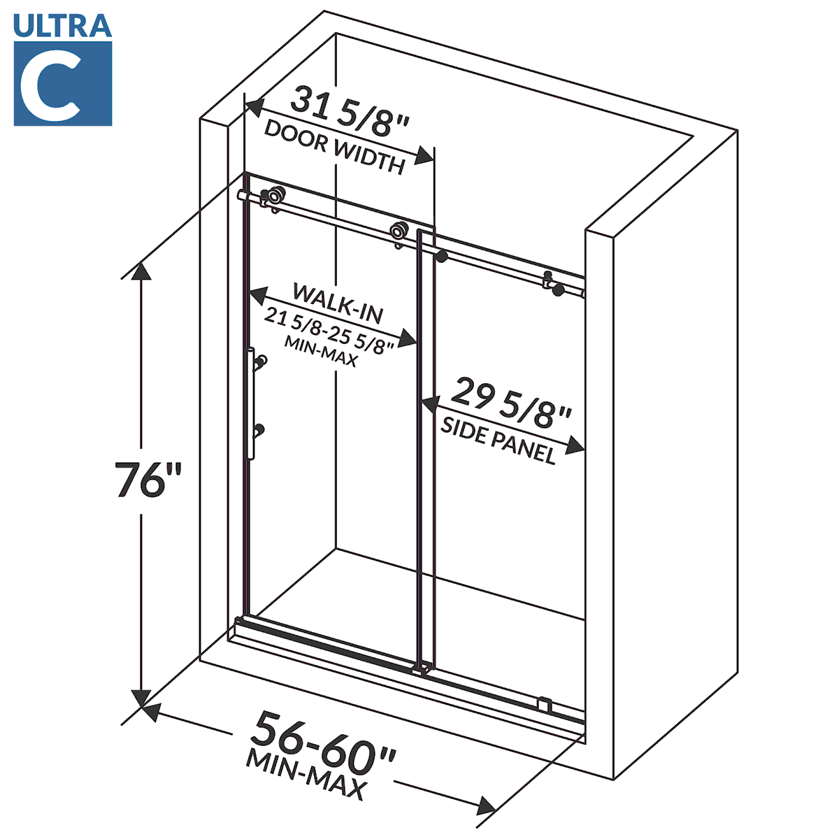 56-60 W x 76 H Sliding Frameless Shower Door ULTRA-C with Clear Glass in Brushed Nickel - Image 4