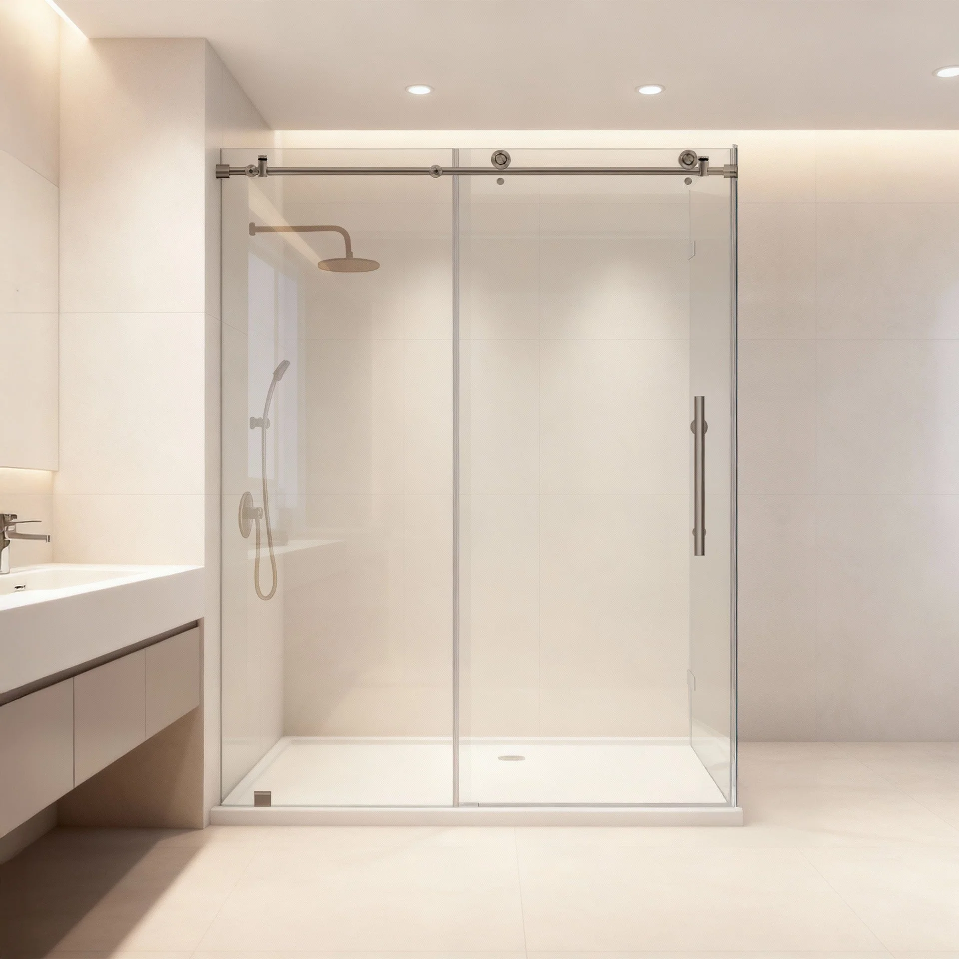 56-60 W x 76 H  x 36 D Sliding Frameless Shower Enclosure ULTRA-C with Clear Glass in Brushed Nickel - Image 2