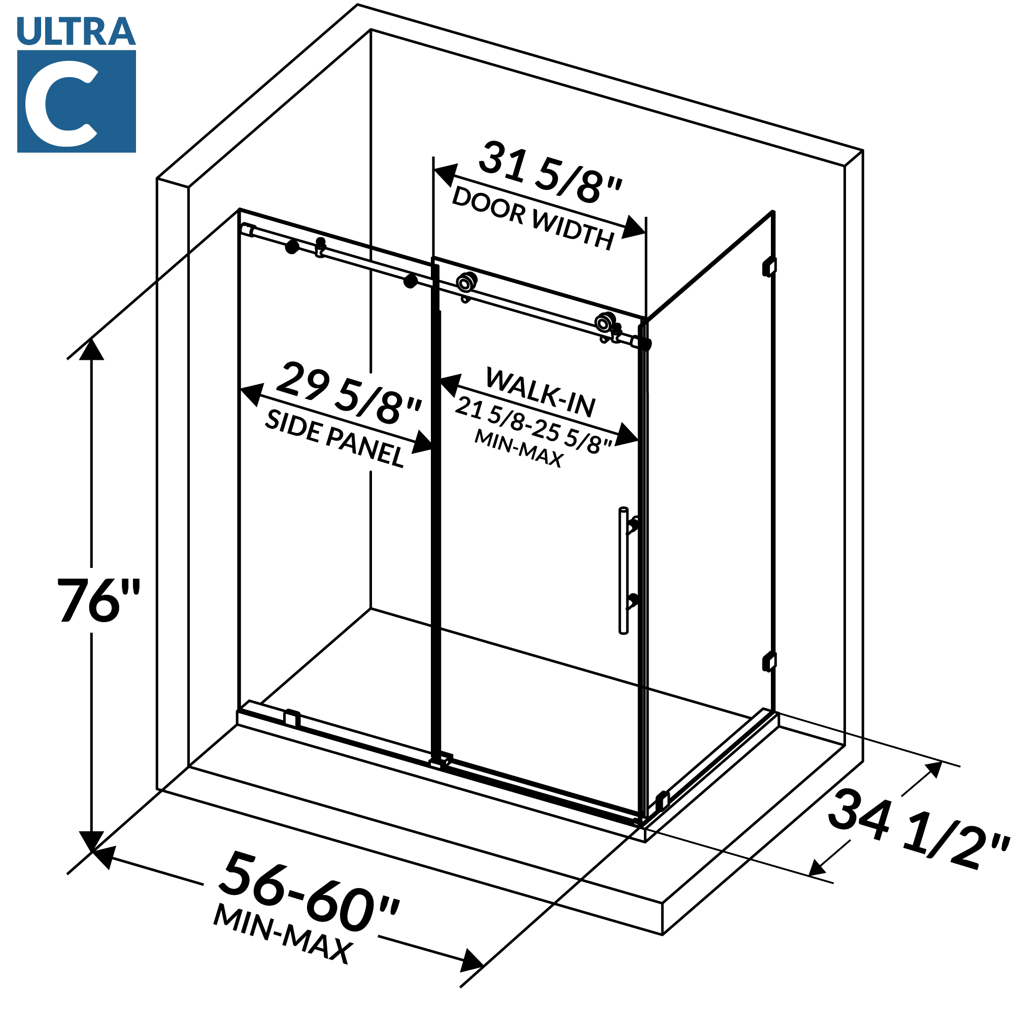 56-60 W x 76 H  x 34 1/2 D Sliding Frameless Shower Enclosure ULTRA-C with Clear Glass in Chrome - Image 5
