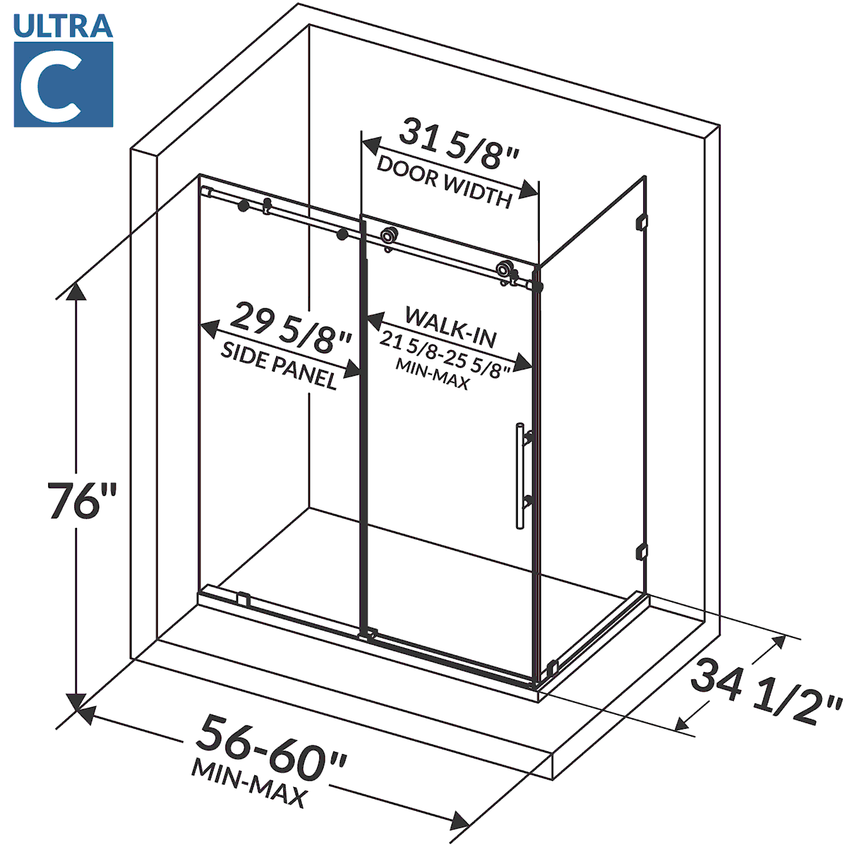 56-60 W x 76 H  x 34 1/2 D Sliding Frameless Shower Enclosure ULTRA-C with Clear Glass in Gold - Image 7