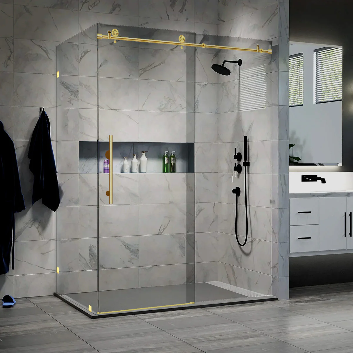 56-60 W x 76 H  x 36 D Sliding Frameless Shower Enclosure ULTRA-C with Clear Glass in Gold - Image 2