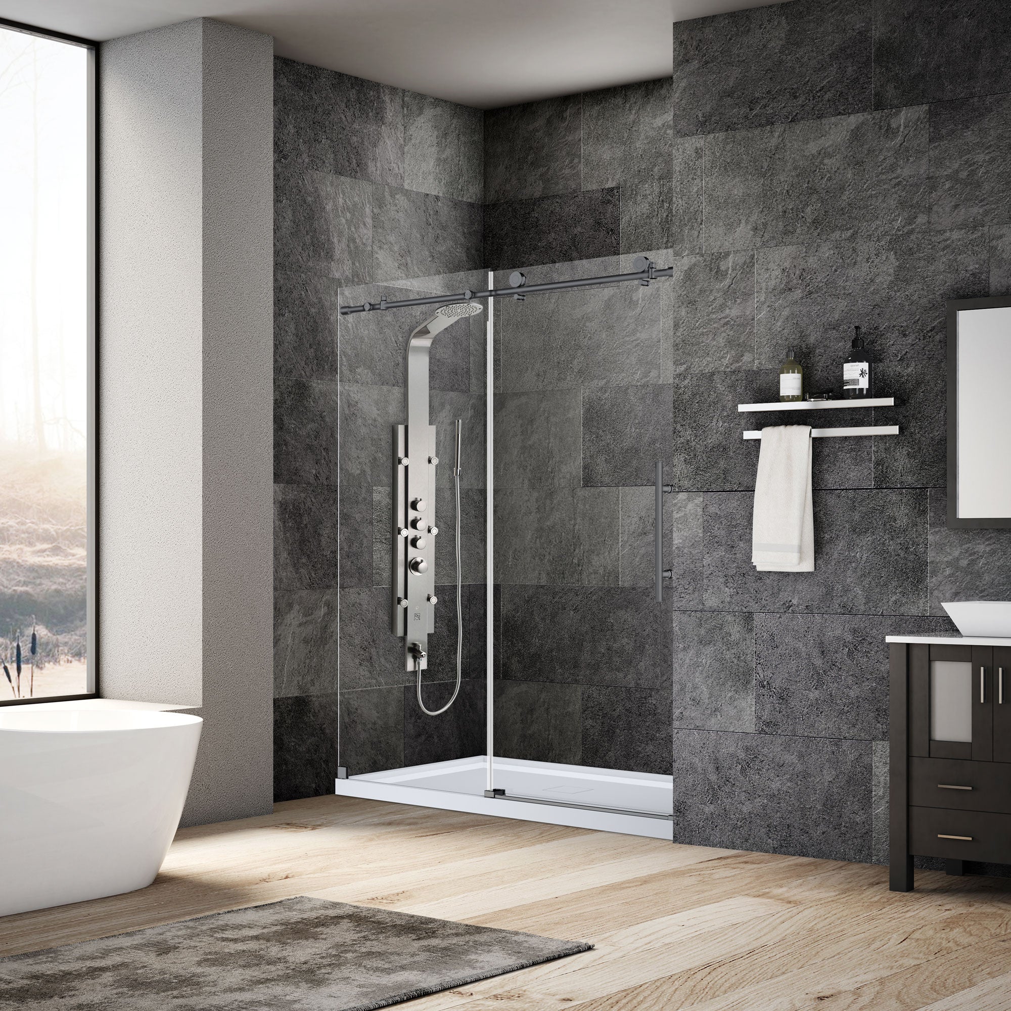 56-60 W x 76 H  Sliding Frameless Shower Door ULTRA-C with Clear Glass in Matte Black - Image 3