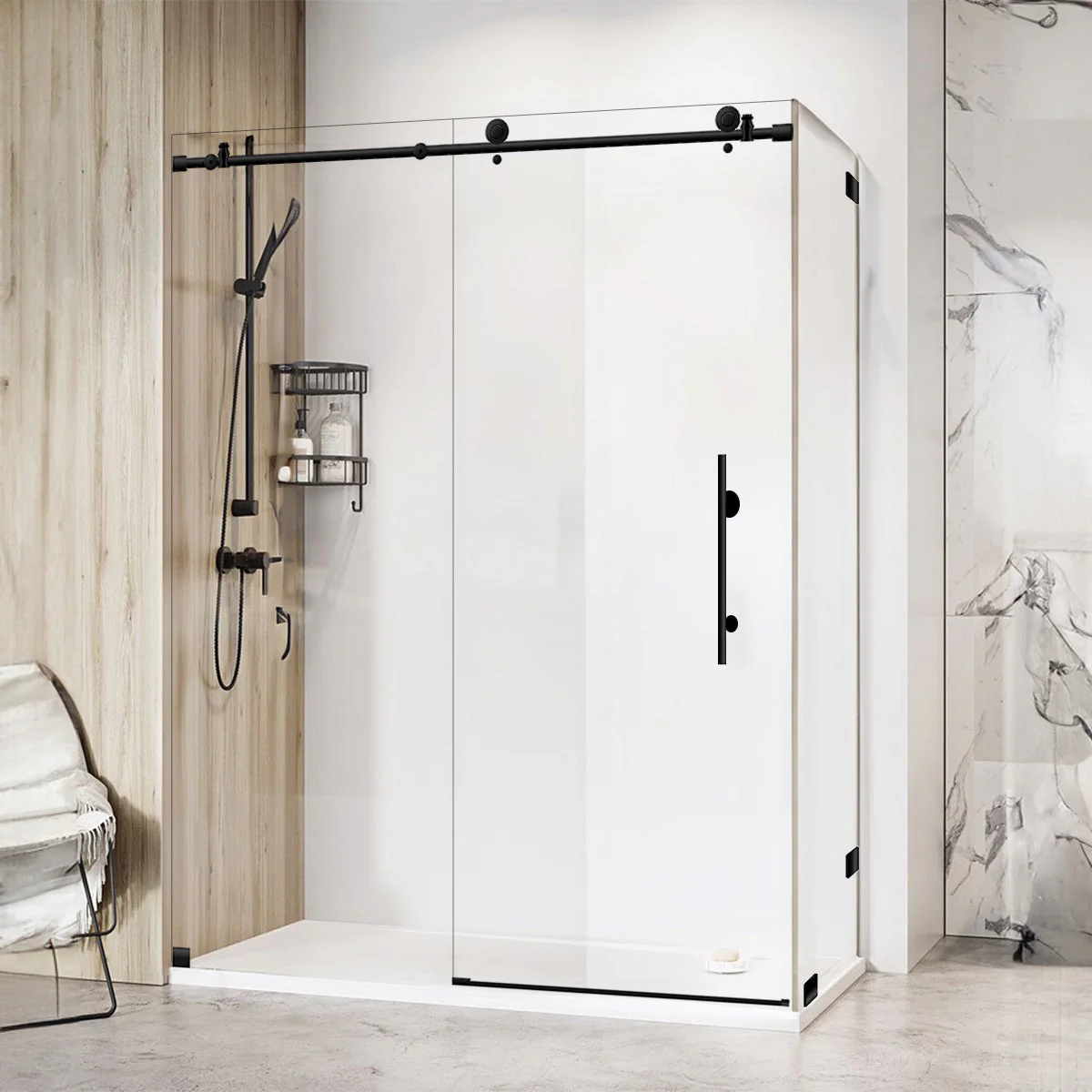 56-60 W x 76 H  x 36 D Sliding Frameless Shower Enclosure ULTRA-C with Clear Glass in Matte Black - Image 2