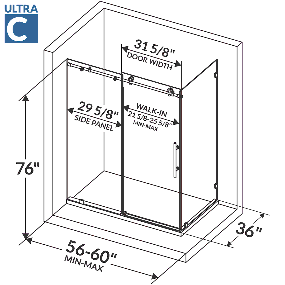 56-60 W x 76 H  x 36 D Sliding Frameless Shower Enclosure ULTRA-C with Clear Glass in Matte Black - Image 8