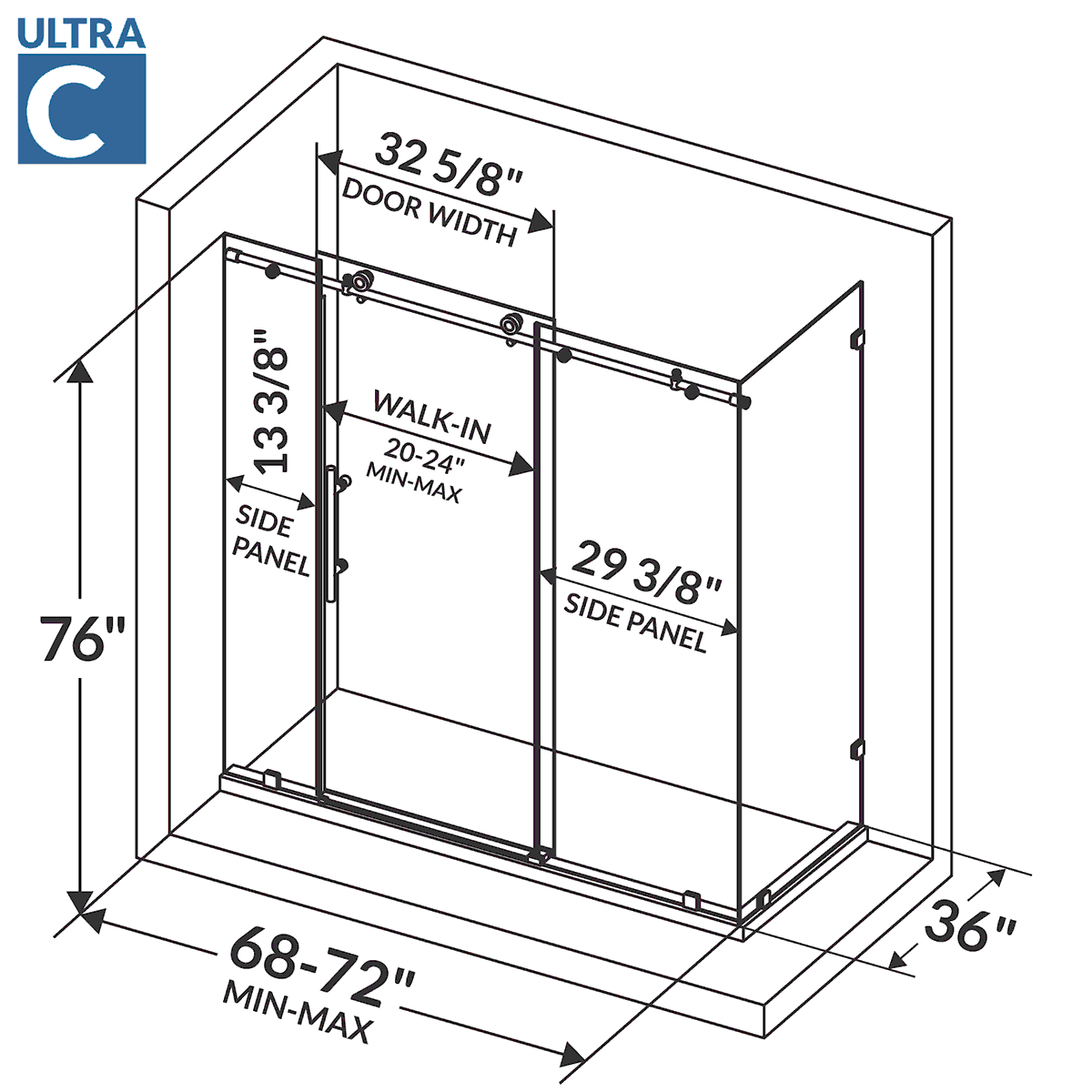 68-72 W x 76 H  x 36 D Sliding Frameless Shower Enclosure ULTRA-C with Clear Glass in Brushed Nickel - Image 4