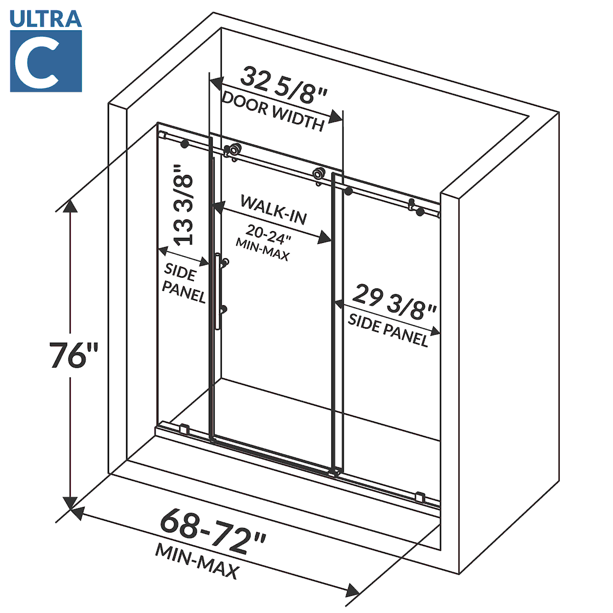 68-72 W x 76 H  Sliding Frameless Shower Door ULTRA-C with Clear Glass in Chrome - Image 4