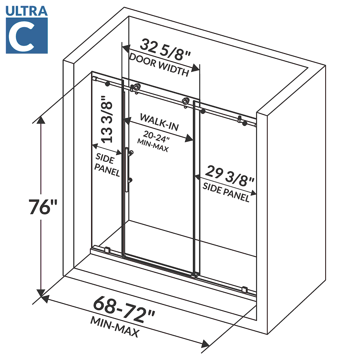 68-72 W x 76 H  Sliding Frameless Shower Door ULTRA-C with Clear Glass in Gold - Image 7